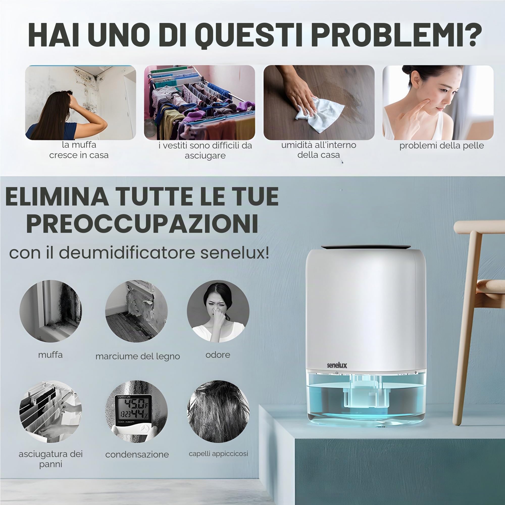 Senelux Deumidificatore elettrico 1100 ml per casa umida, piccolo portatile con 7 luci colorate, asciugatore vestiti, muffa, armadio, spegnimento automatico