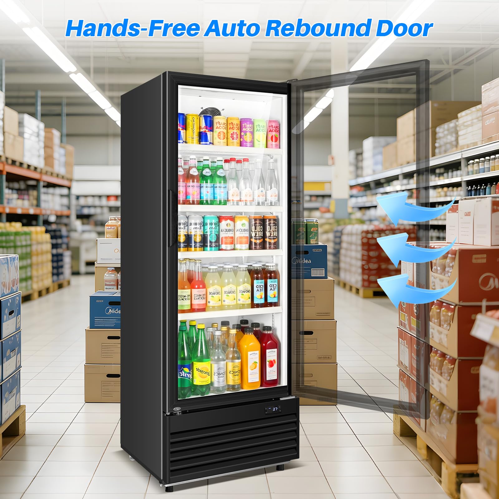 Commercial Beverage Refrigerator, 24.5" Glass Door Display Fridge, 15 Cu.Ft Freestanding Beverage Cooler With 4 Adjustable Shelves, Auto Rebound Door, Low Noise, For Shops, Restaurants & Bars, Black on Fridge.com - View 5
