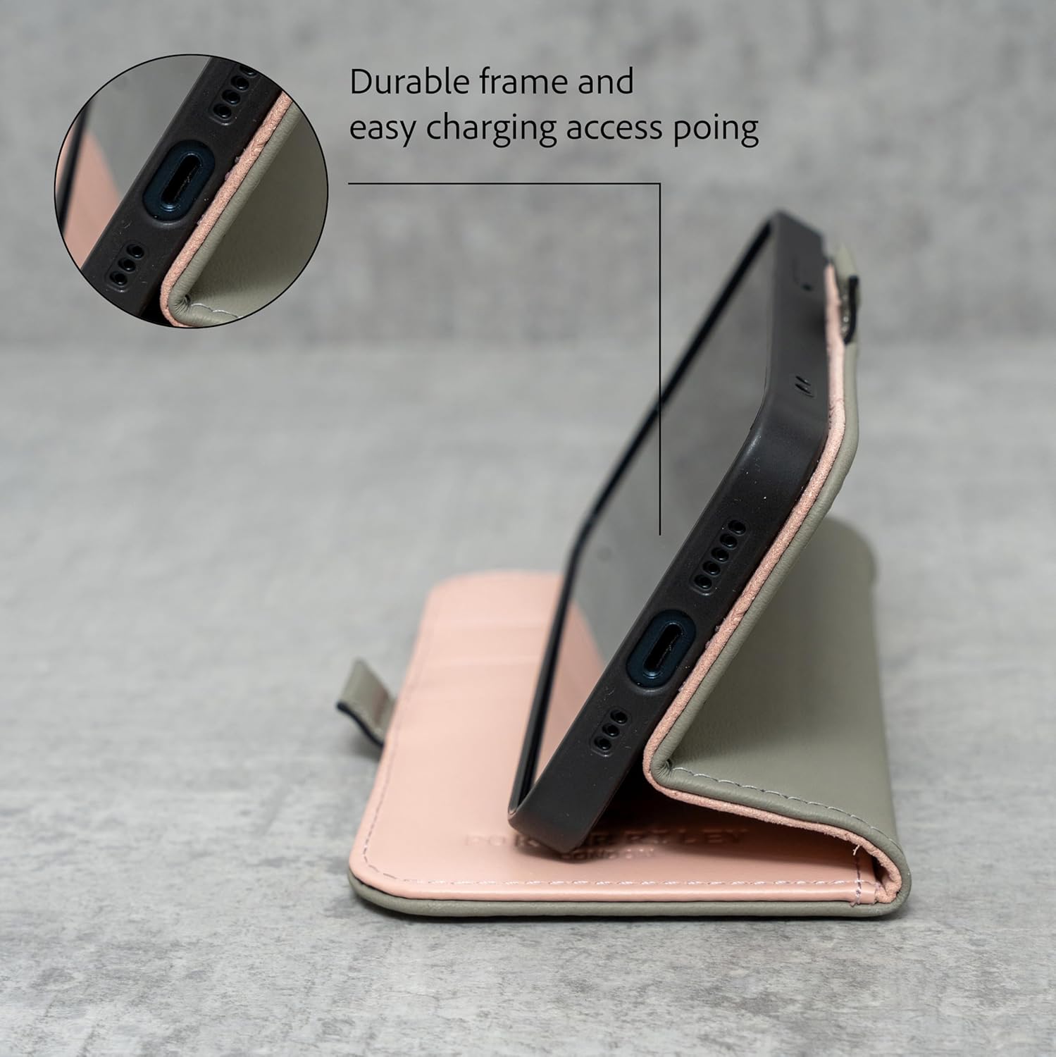Porter Riley - Leather Case for iPhone SE 2022/20 and iPhone 8 / iPhone 7. Premium Genuine Leather Stand/Cover/Wallet/Flip Case with Card Slots & Horizontal Stand (Grey/Pink)