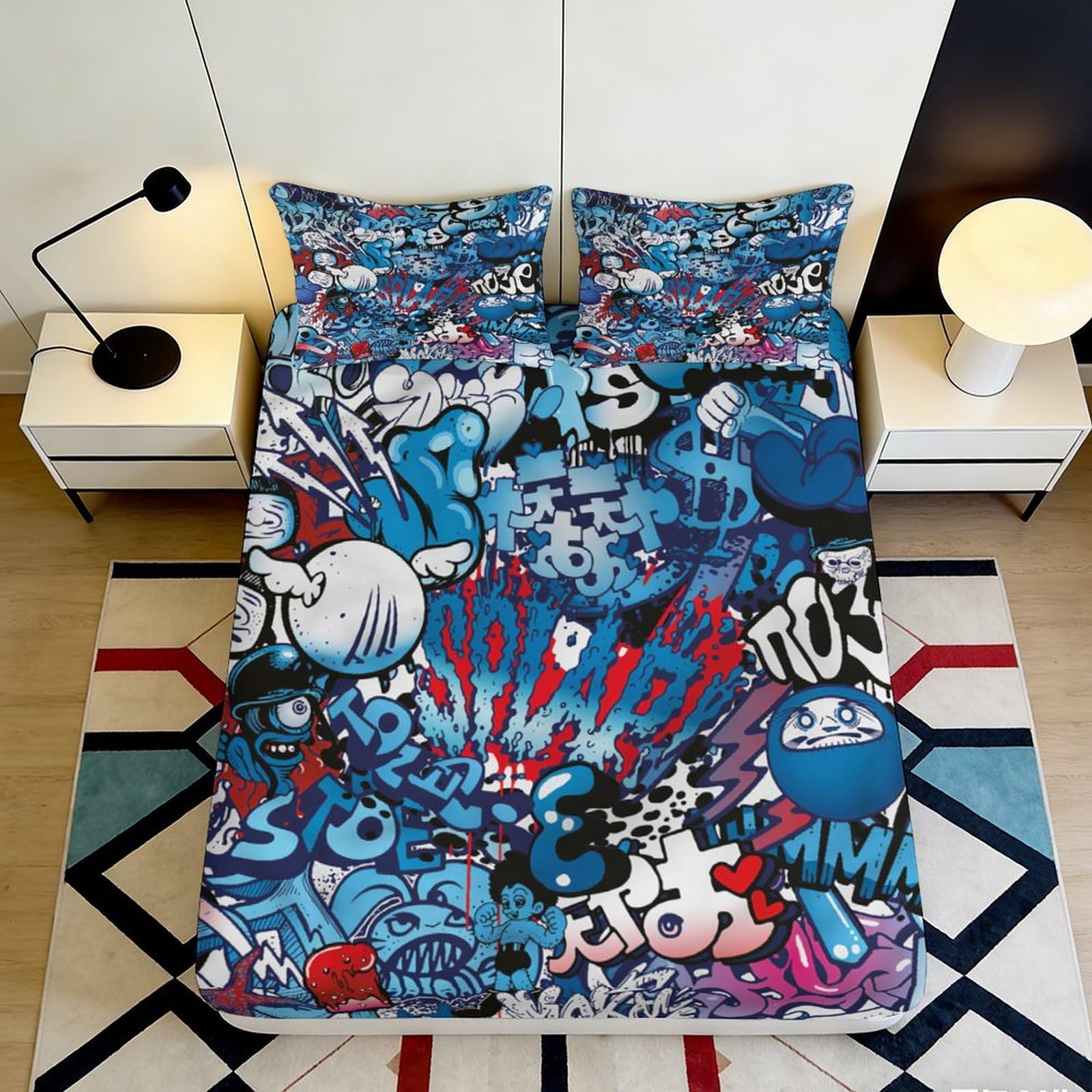 3D Printed Graffiti Style Fitted Sheet Microfiber Soft Breathable Urban Art Mattress Cover for Bedroom Dormitory Guest Room Protection Decor 120x200x25cm