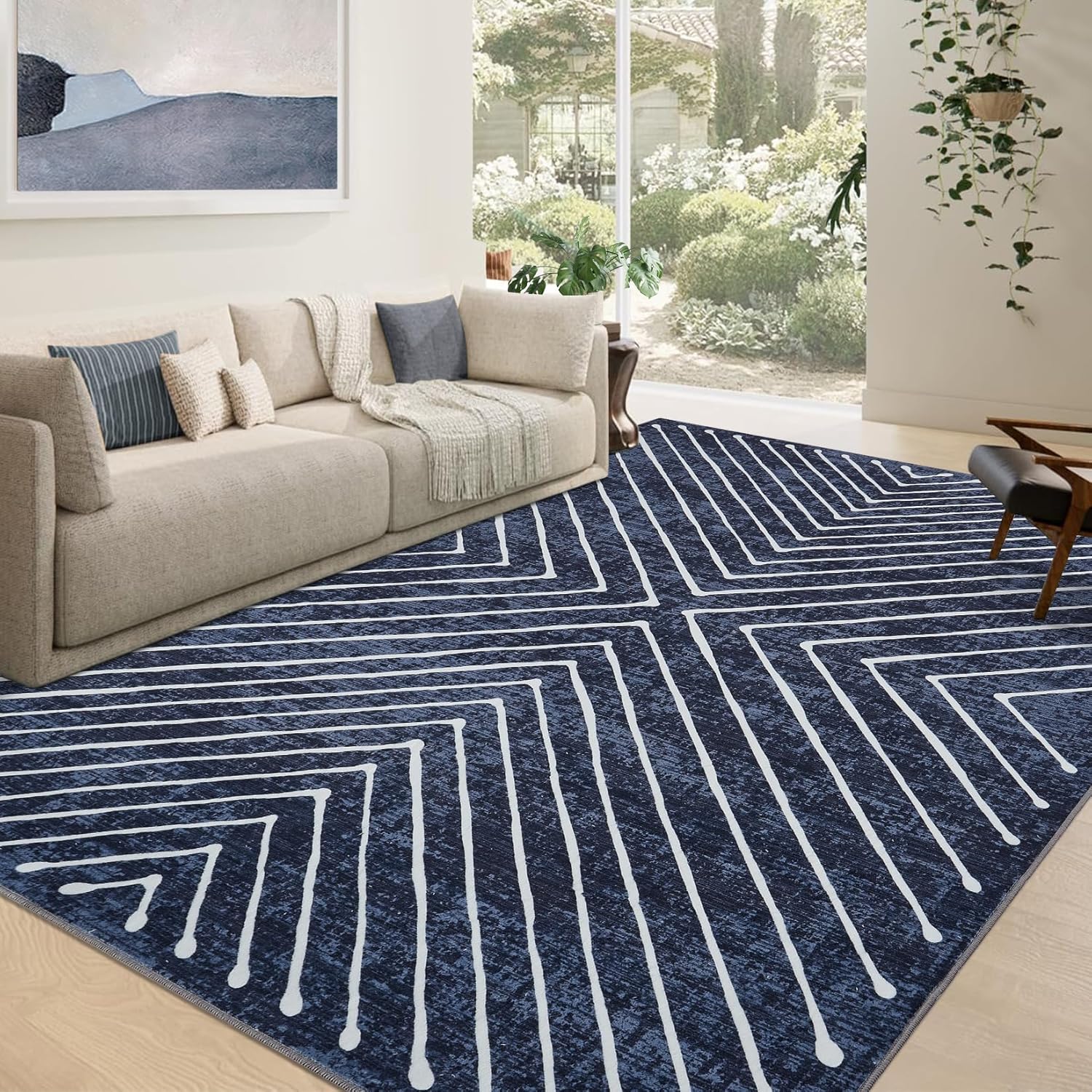 Area Rug 9x12 Living Room Rug Non Slip Modern Bedroom Stain Resistant Dining Room Throw Rug Geometric Area Rug Low Pile Untra Soft Contemporary Accent Carpet for Home Office, Navy
