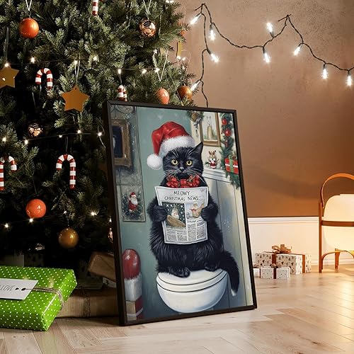 Miniatura 4 de Pósteres retro de lona de gato de Navidad para baño, divertidos gatos negros, lectura de periódicos, arte de pared, decoración de pared de Navidad
