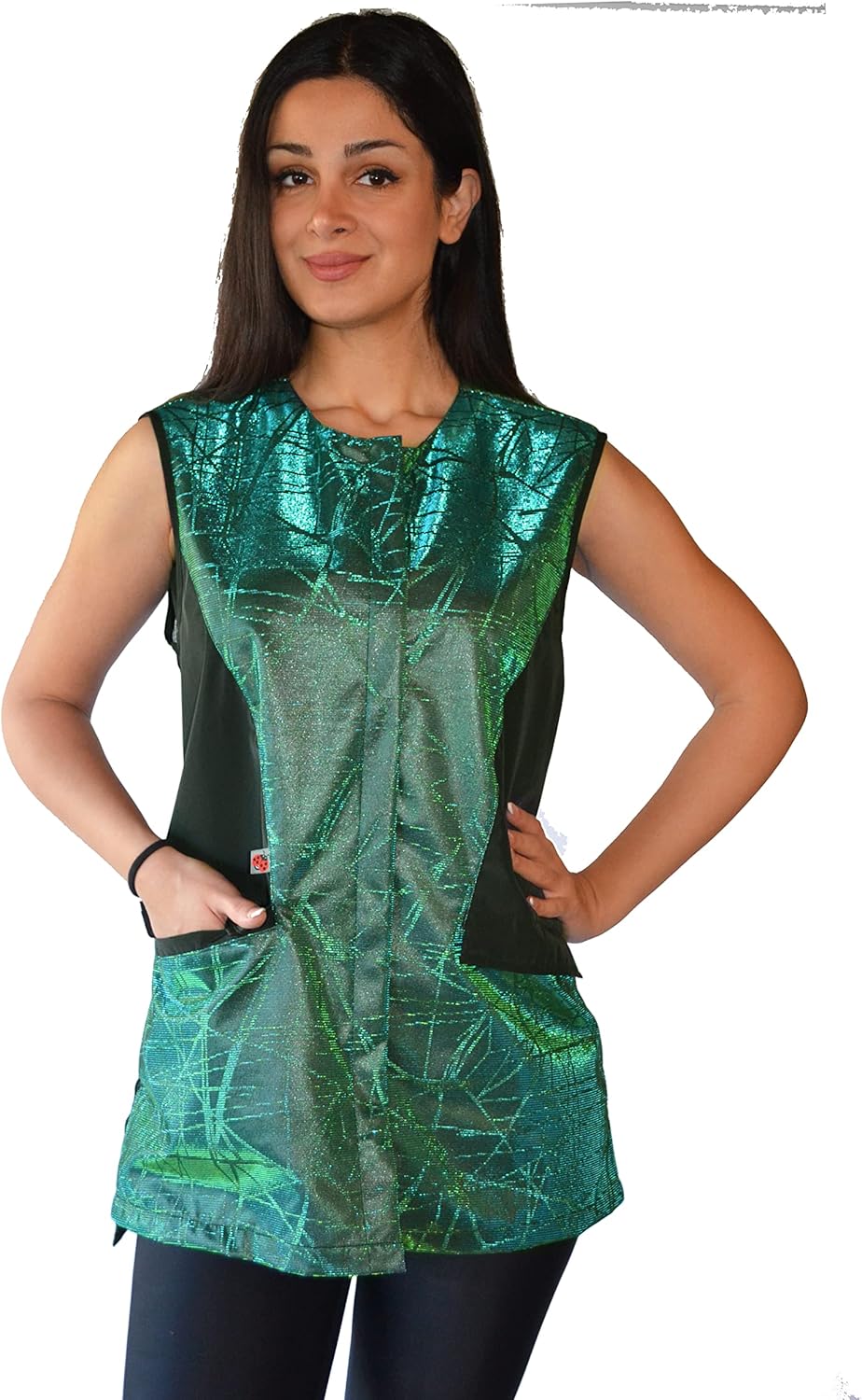 Ladybird Line 700 Sparkling Color Block Waterproof Vest, Hair and Bleach Resistant, Covered Zipper Front, 2 Pockets, and Tie Belt in Back, Ideal for Hair Stylists and Pet Groomers - L