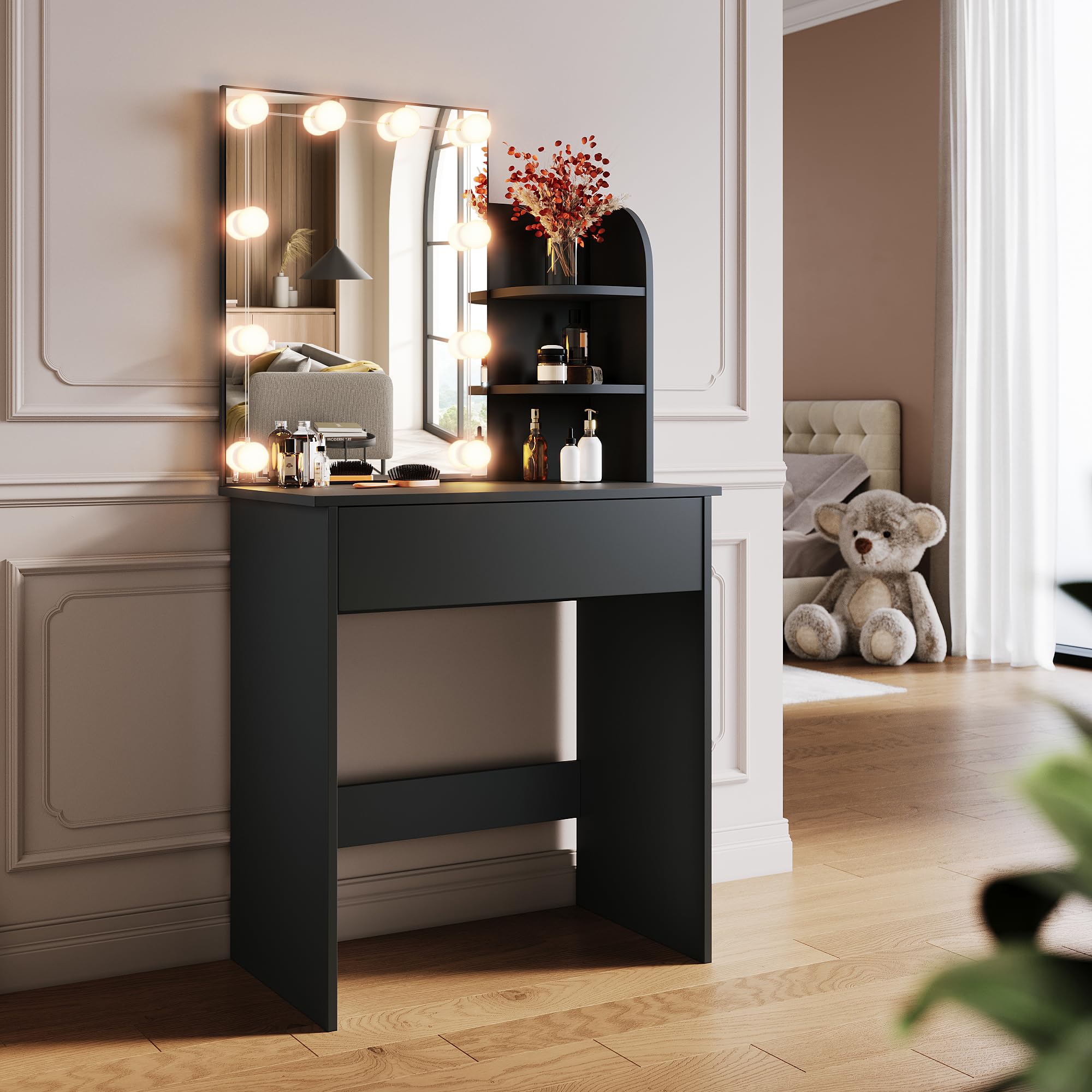 ELEGANT Black Dressing Table with Hollywood LED Lights Mirror, Vanity Table with 1 Large Drawer & 2 Shelves, Large Storage Makeup Table for Women Girls Bedroom, Stool not Included, 70 x 140 cm — image 1