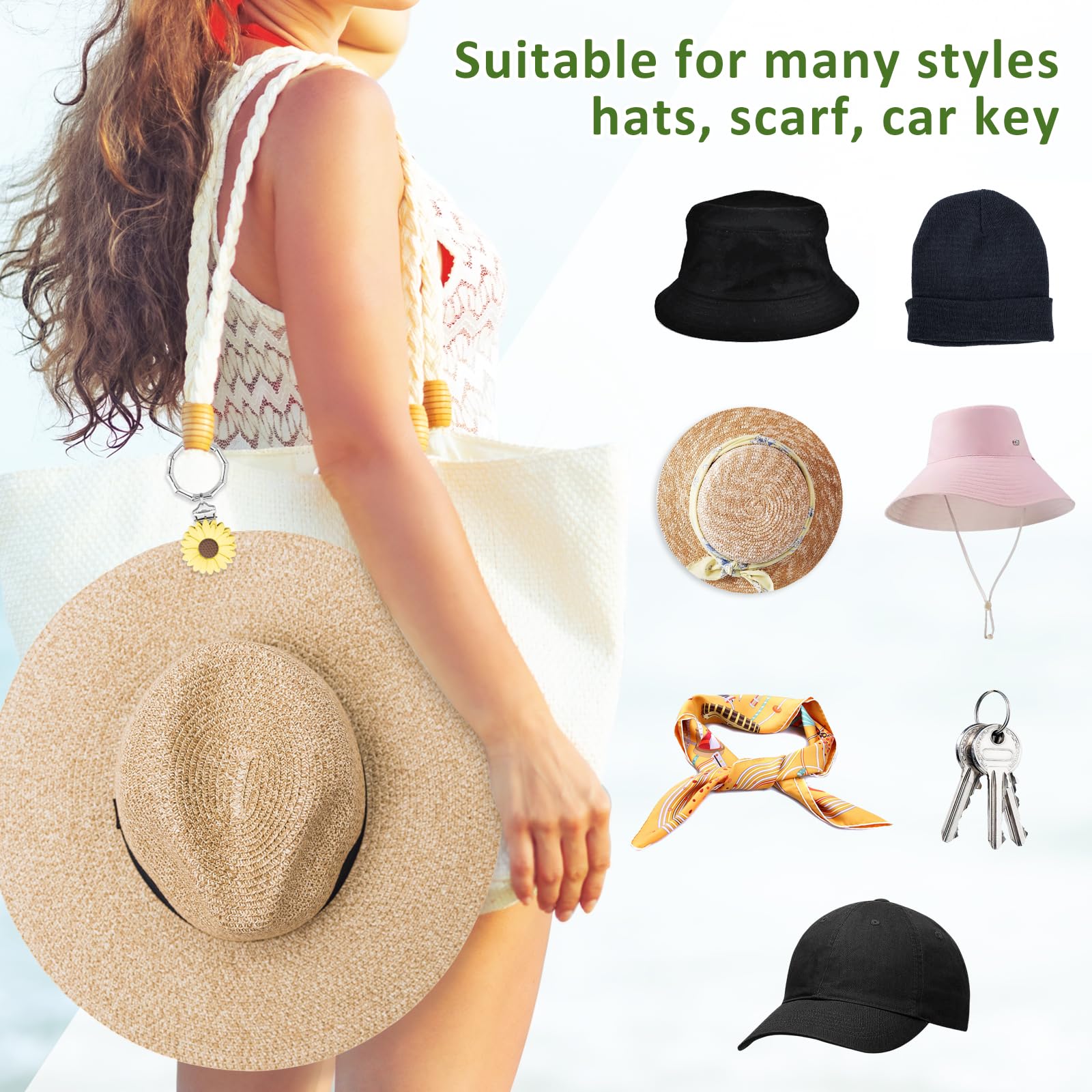 2 clips para sombreros para viajar en la bolsa: fija de forma segura los sombreros a bolsos, bolsos, equipaje, manos libres, evita pérdidas en la playa o salidas, Blanco, amarillo claro 6