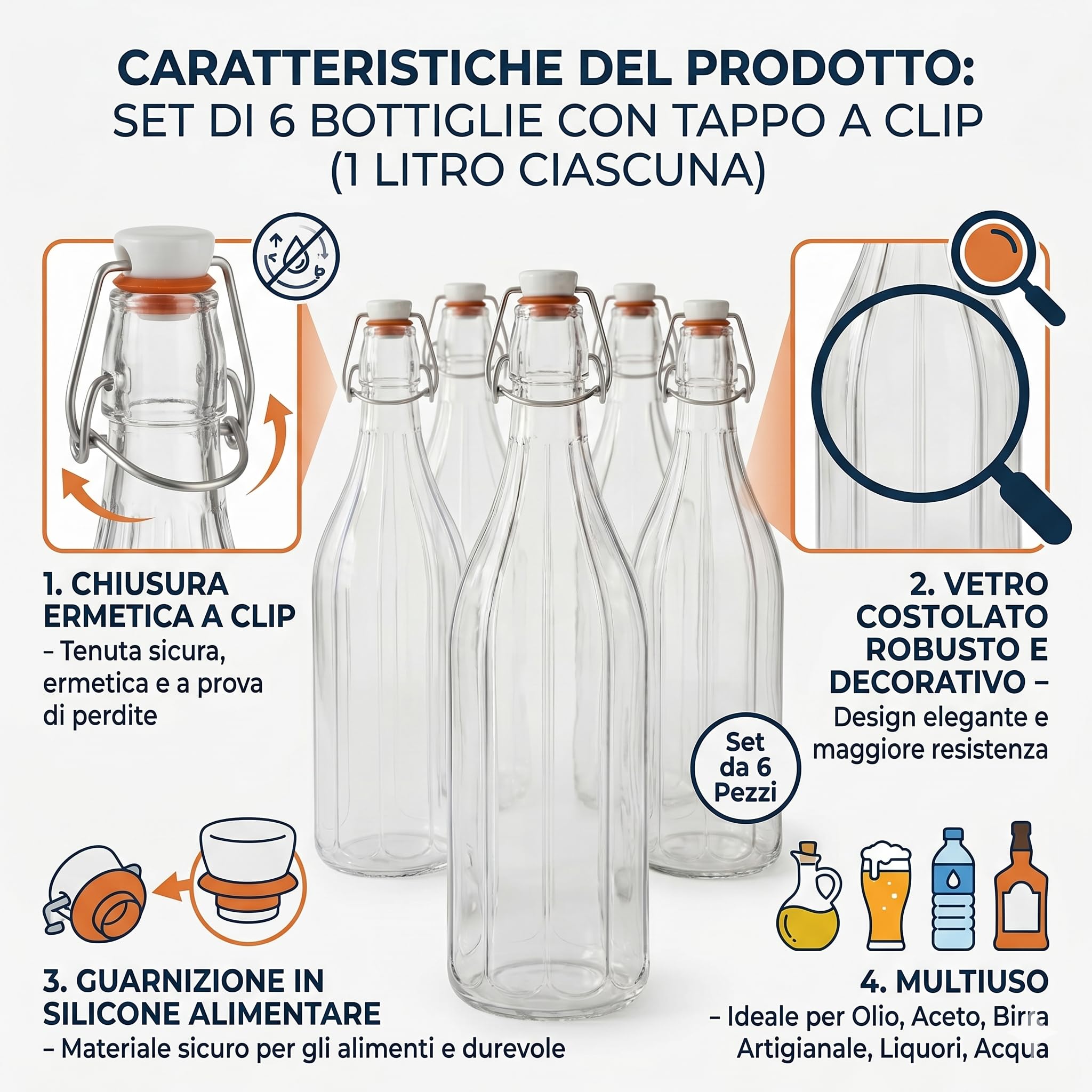BERARDI | Set 6 bottiglie in vetro per acqua, vino, bevande, drink (VINTAGE ERMETICHE)