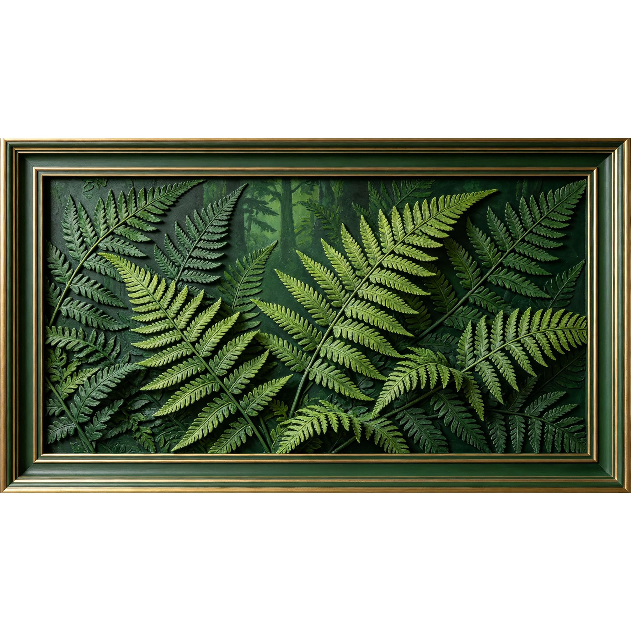 QZLITHOTIC 50x90cm3D Framed Wall Art， Botanical Fern Forest Green Textured Self‑Adhesive Mural， Water‑Activated Peel & Stick Fabric Decor Wall Decal for Bedroom Living Room