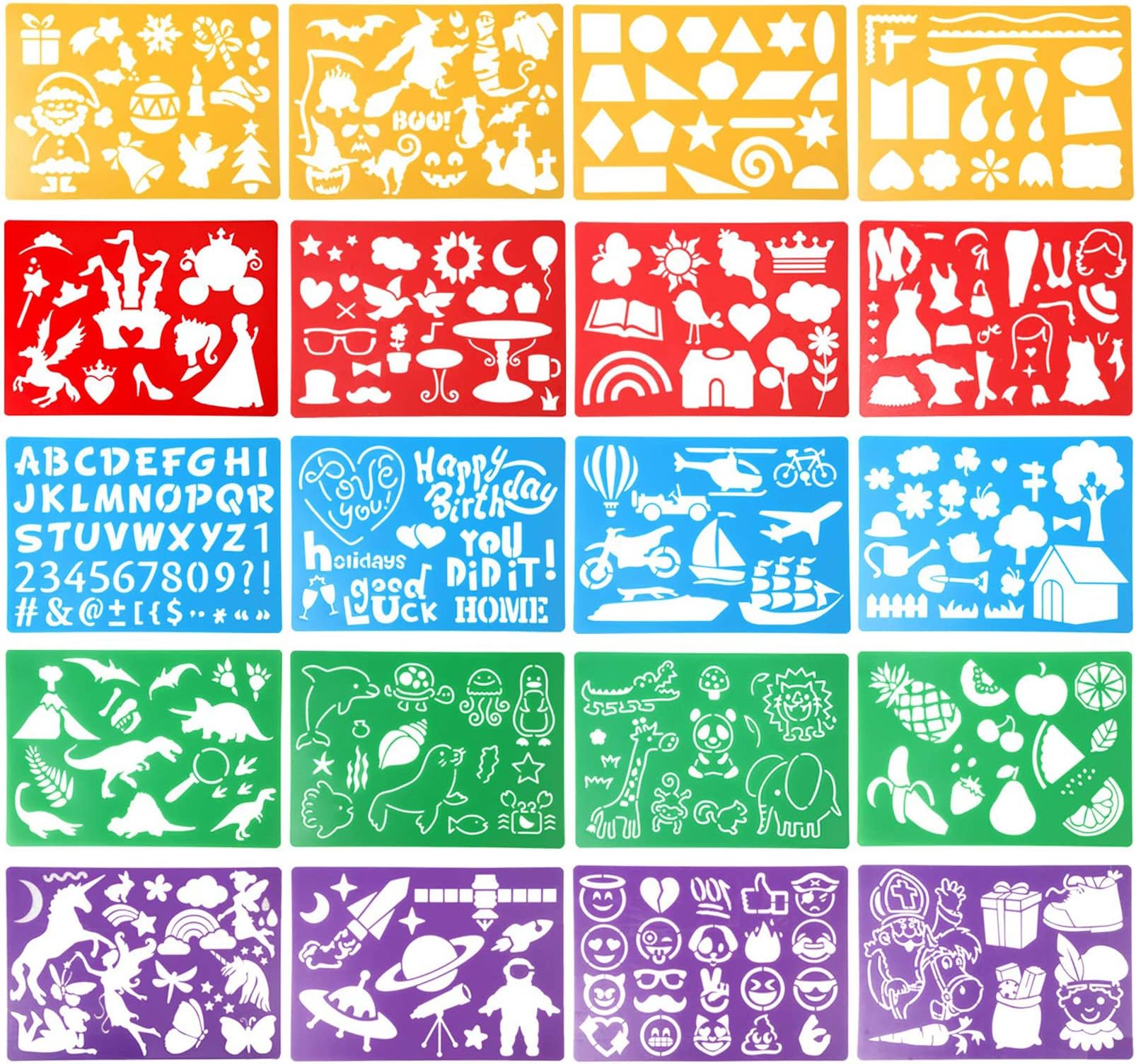 KASTWAVE Drawing Stencils Set for Kids, 20 Assorted Stencils Letters Flowers Animals Stencil Childrens Crafts Reusable Painting Stencils