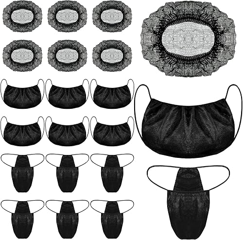Juego de 150 piezas de brasier desechable para spa, 50 sombreros de red para el cabello, desechables, 50 sujetadores negros de belleza, 50 tangas,