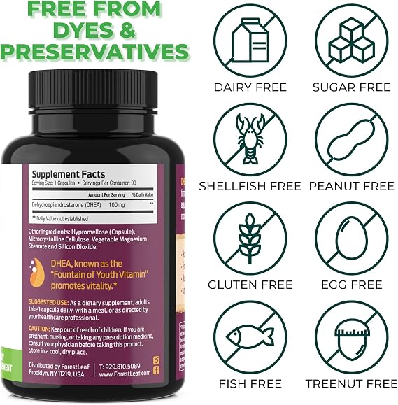 ForestLeaf DHEA 100mg Micronized Supplement for Men & Women, 90 Caps