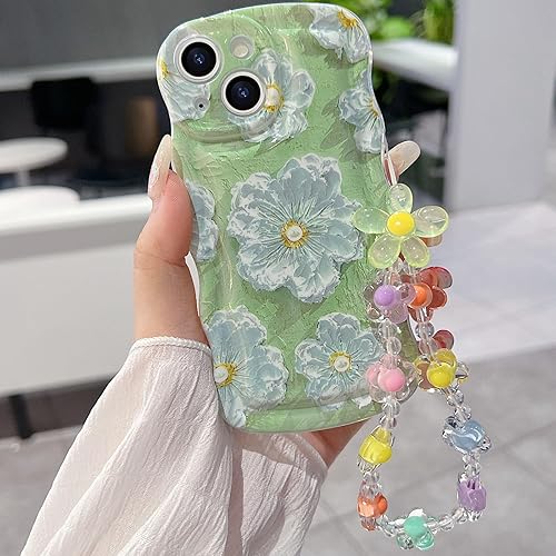 Miniatura 20 de para iPhone 13 Mini Funda rizada ondulada, linda funda protectora de pintura al óleo retro colorida con patrón de flores brillantes [con cadena de