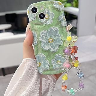 for iPhone 13 Mini Curly Wavy Case, Cute Colorful Retro Oil Painting Flower Glossy Pattern [with Bead Chain], Slim Fit Shockproof Protective Cover for Girls Women, Green - Buy now