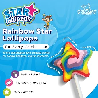 18 Pcs Individually Wrapped Rainbow Star Lollipops Swirl for Kids Goody Bag | Bulk Lolipop Candy Suckers Treats - Swirly Candies for Birthdays Party Favors and Goodie Bags