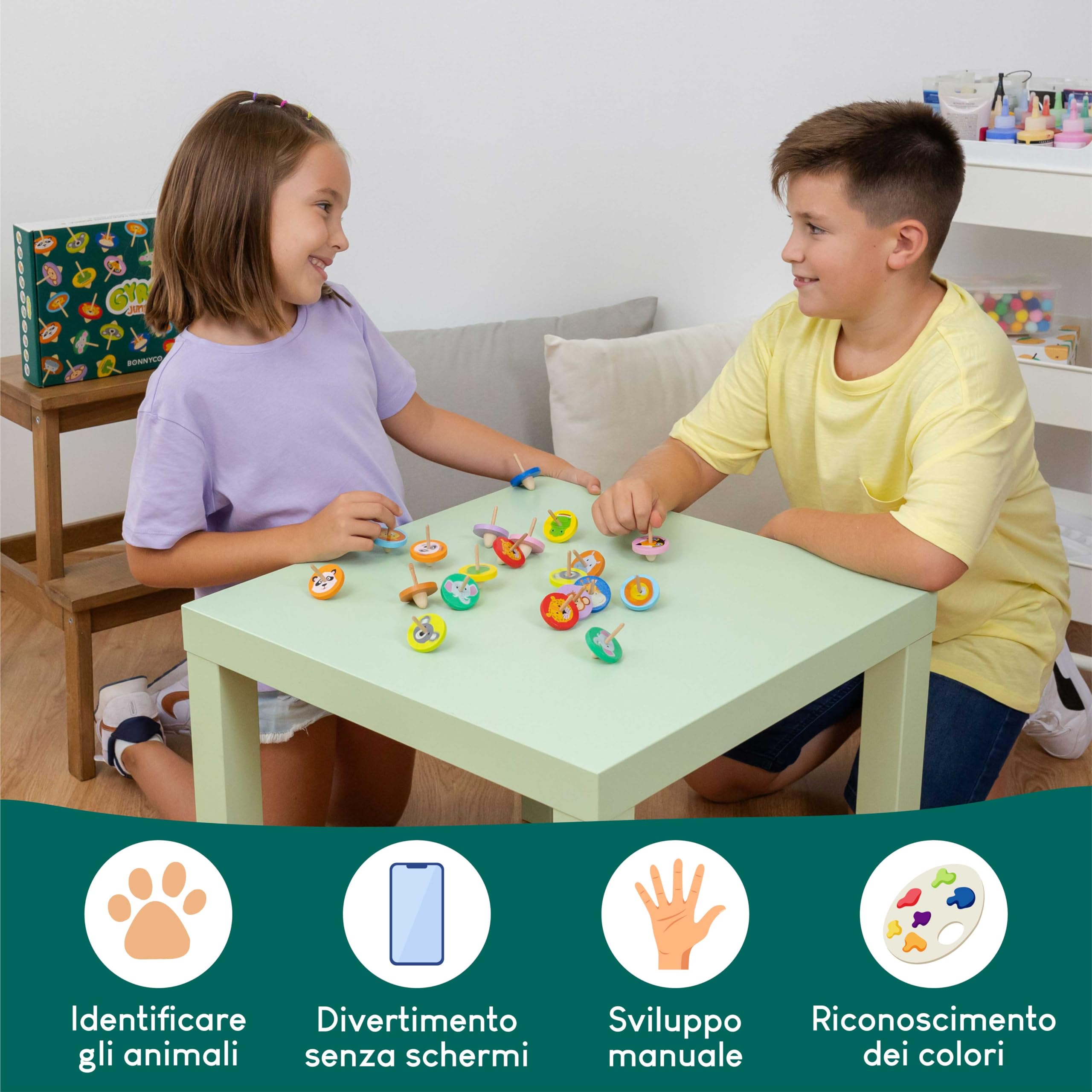 BONNYCO Trottola Bambini Legno Pack 40 Animali Giungla. Trottole Gadget Compleanno Bambini, Mini Giochi Regalini Fine Festa Compleanno. Regalino Fine Festa Dopo Invitati, Pensierini Giochini Scuola