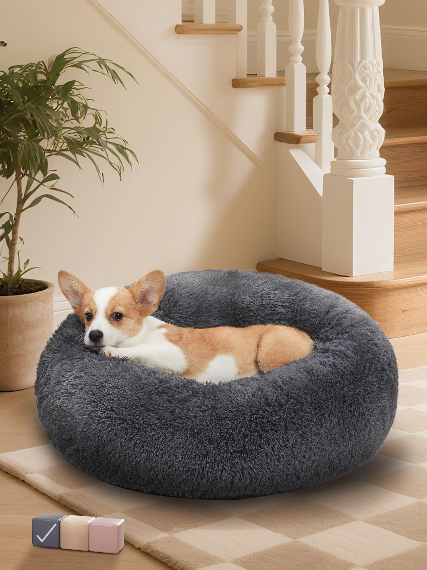 ohgeni calming donut dog bed pillow for small medium pets, machine washable removable cover, comfort plush fluffy faux fur with anti-slip bottom, cats-friendly round cuddly design, gray, 23 inches