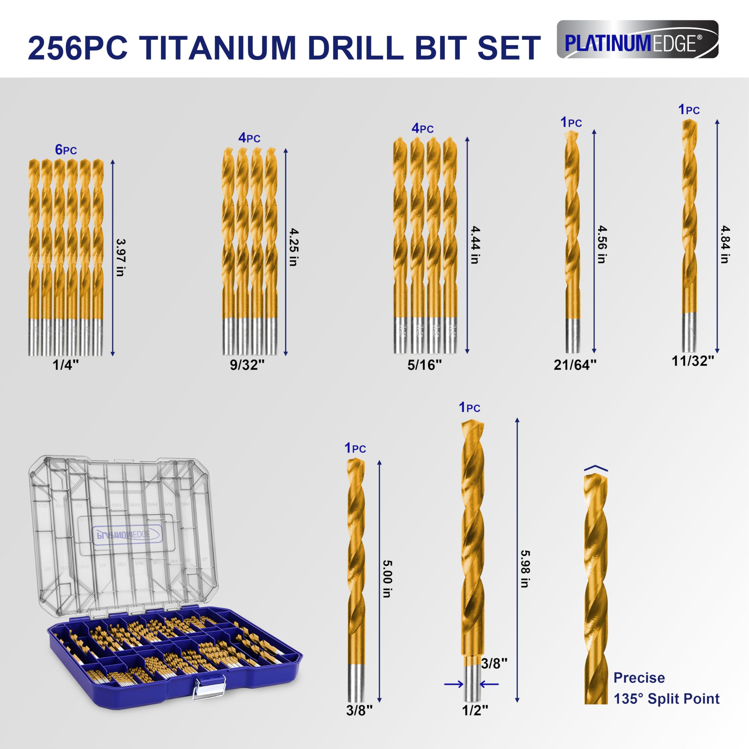 Juego de 276 brocas helicoidales de titanio con puntas S2 de acero de alta velocidad de 135°, tamaño de 1/16 pulgadas hasta 1/2 pulgada, ideal para madera, hierro fundido, aleación de aluminio, fibra