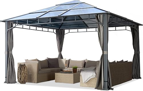 Square 4x4 m grey garden gazebo with polycarbonate roof and side panels