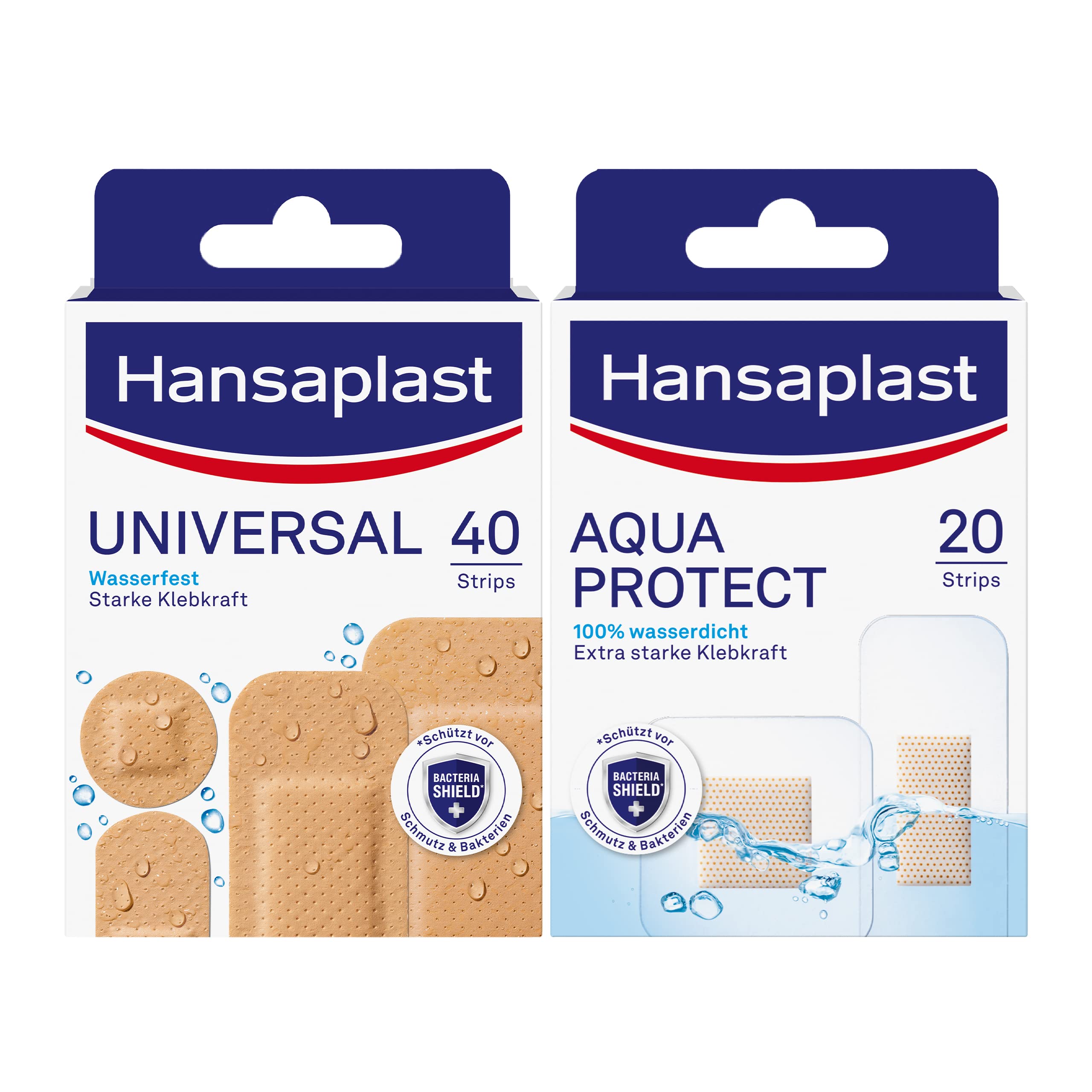 Hansaplast Uniwersalny plaster (40 pasków), odporny na zabrudzenia i działanie wody, Hansaplast Aqua Protect (20 pasków), wodoodporny plaster na rany