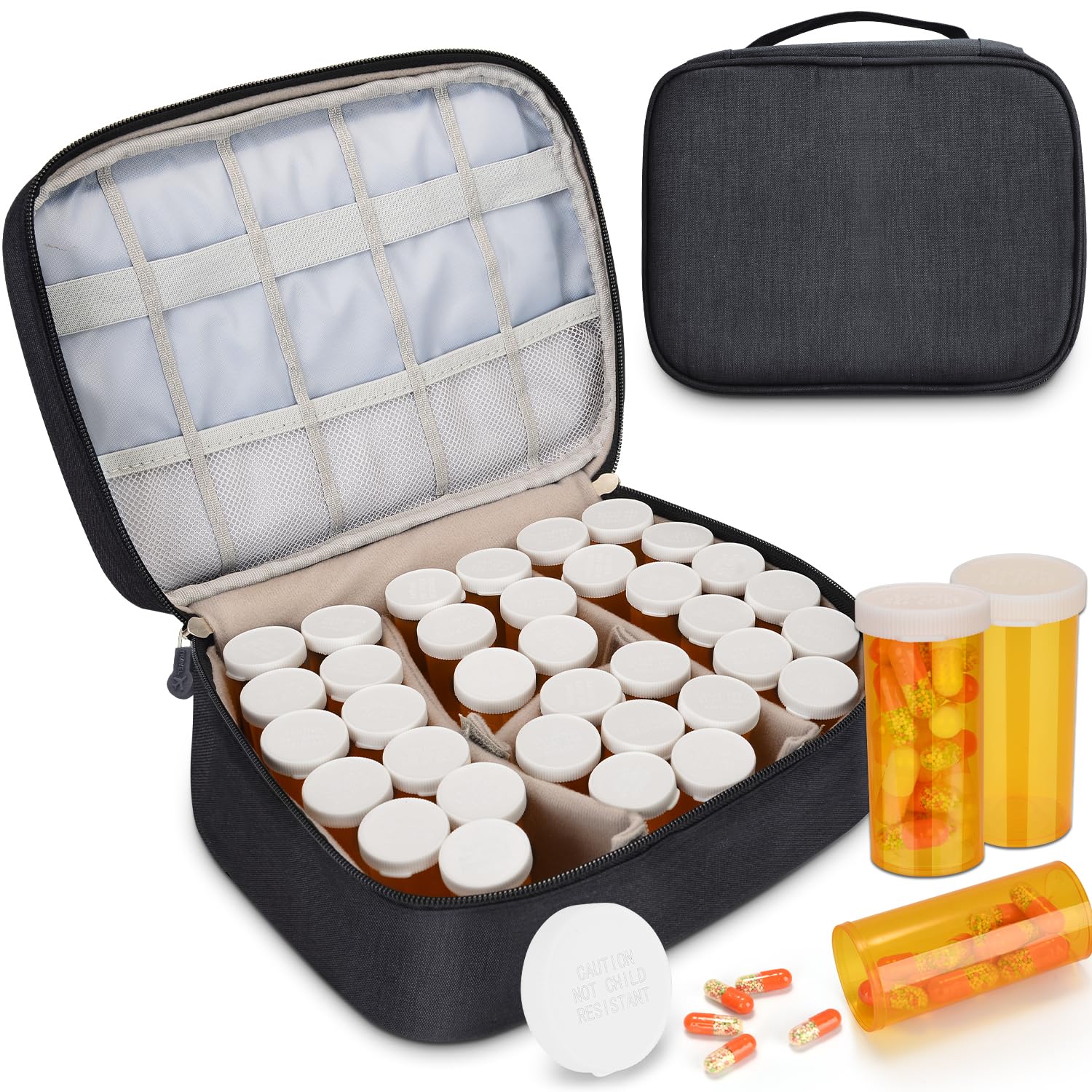 35 Pcs Pill Bottles Empty with Carrying Case, 8 Dram Plastic Medicine Bottles with Easy Open Snap Caps Prescription Vial Travel Medication Container