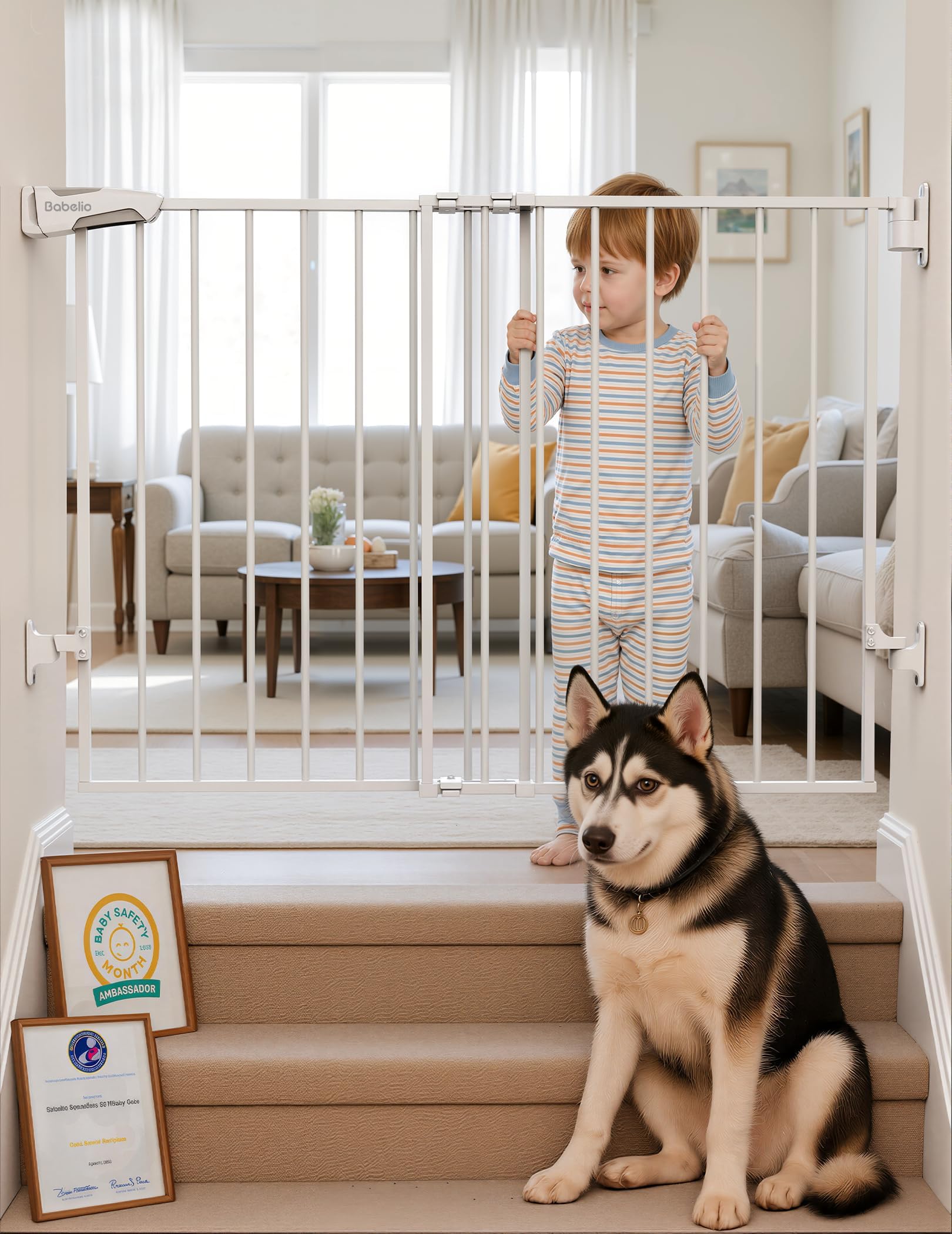 26-43" No Bottom Bar Baby Gate for Babies, Elders and Pets, 2-in-1 Hardware Mount Dog Gate for The House, Stairs and Doorways, with Large Walk Thru Door, White