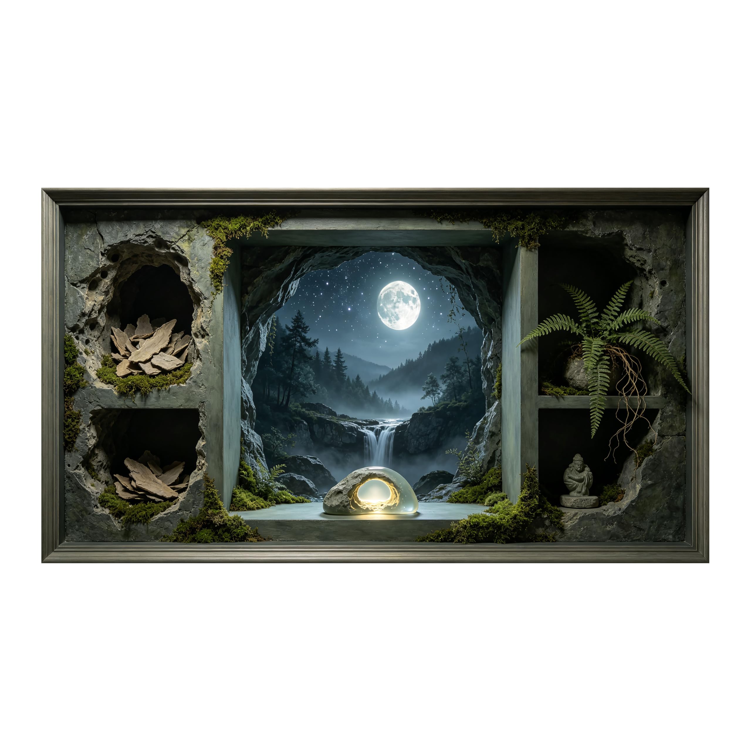 Yzpallescene 3D Framed Wall Art Moonlit Cave Waterfall Forest Surrealism Large Size SelfAdhesive Removable Wall Decor Prints Artwork for Living Room Bedroom Office