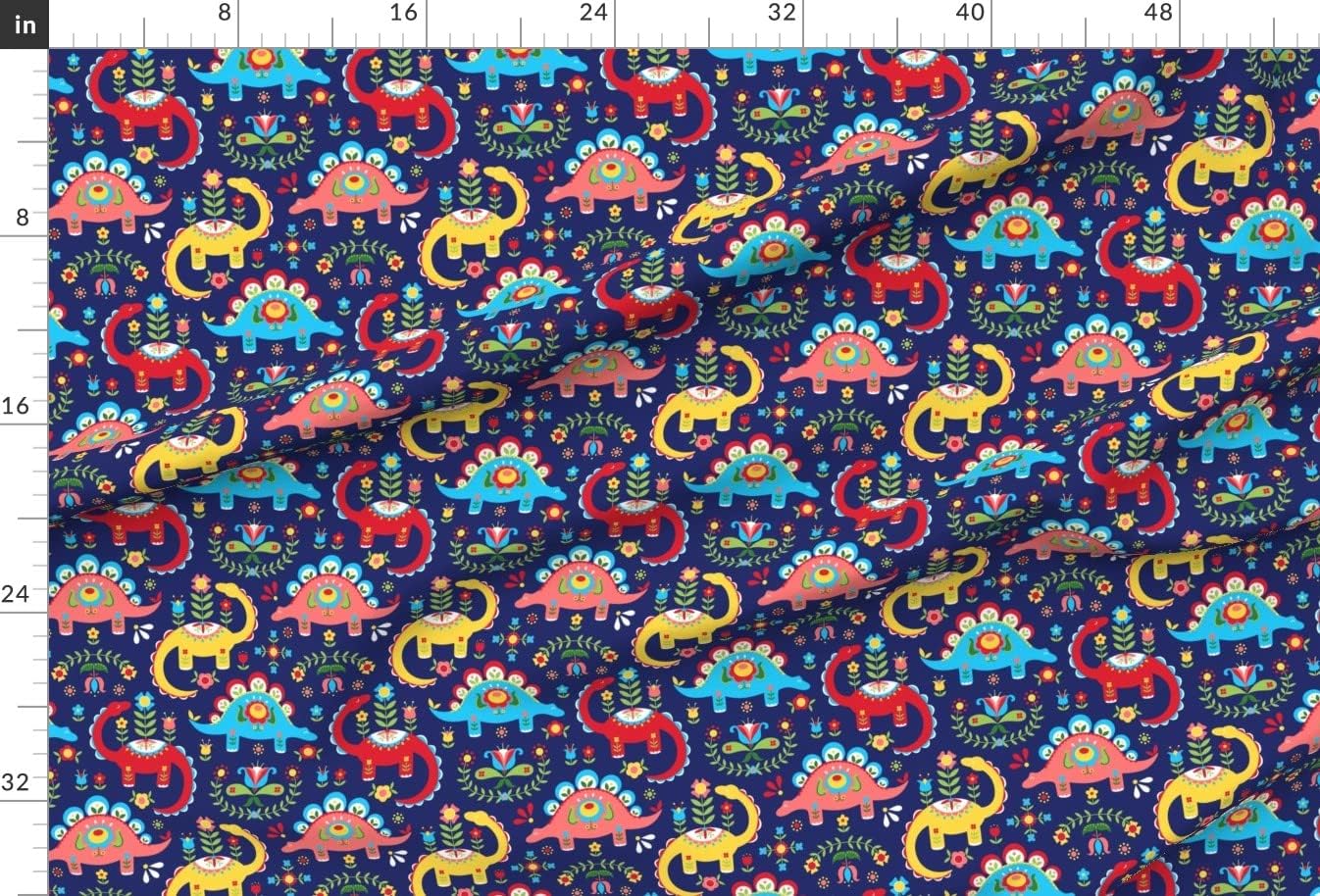 Spoonflower Fabric - Folk Art Dinosaurs Swedish Nursery Animals Printed on Minky Fabric by The Yard - Sewing Baby Blankets Quilt Backing Plush