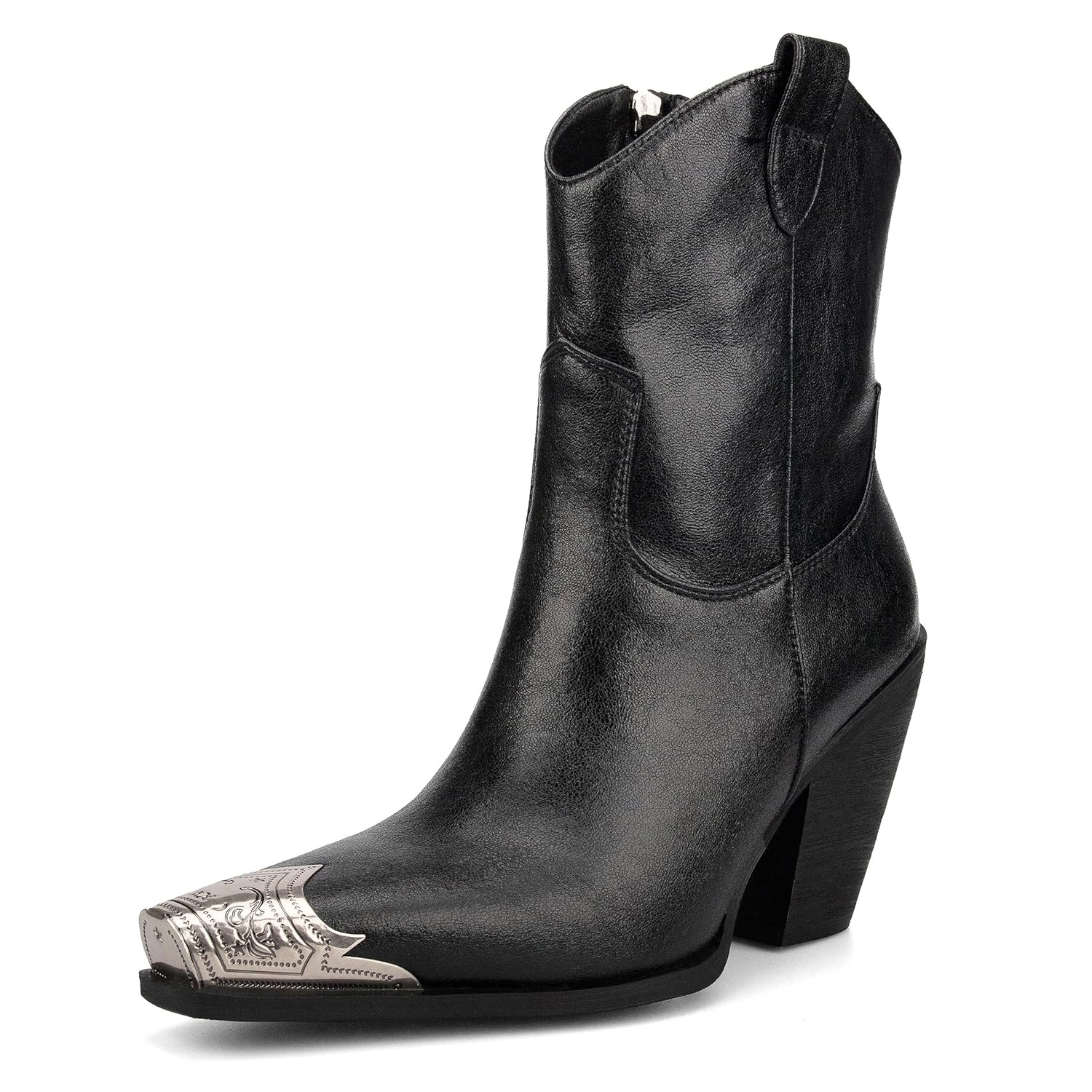 Cowboy Ankle Boots for Women Engraved Steel Toe Cowgirl Boots Stacked Block Heels Short Cowboy Boot Fashion Dressy