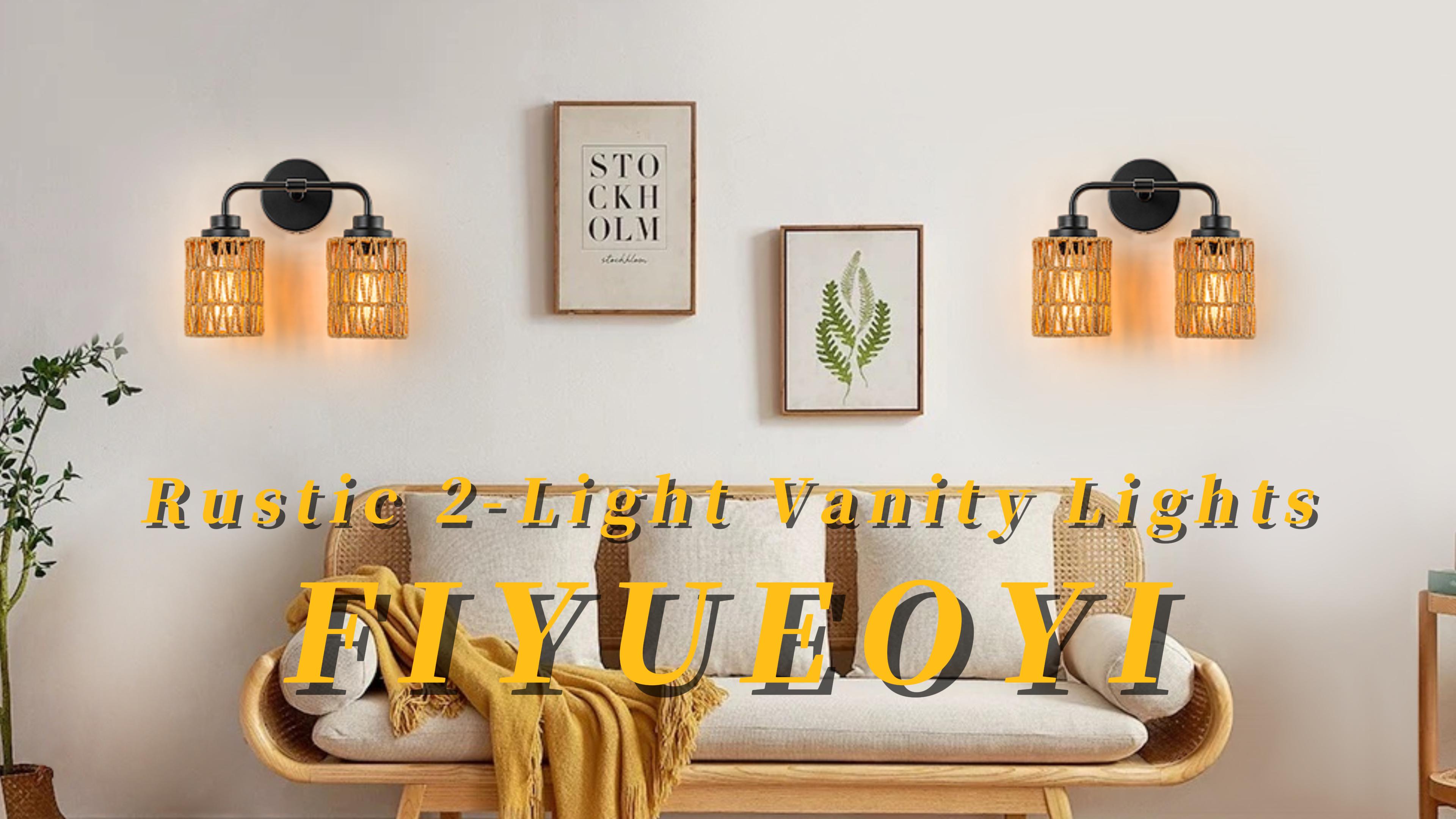 Image of Boho Bathroom Light Fixtures, 2-Light Rustic Vanity Lights Over Mirror | Hand-woven Rattan Wicker Shades, Farmhouse Rustic Vanity Lighting for Bedroom Bathroom Hallway Restroom