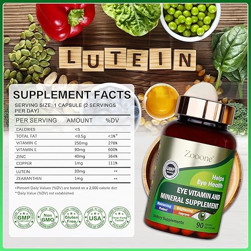 Miniatura 3 de zooone Luteína y Zeaxantina Vitaminas para los Ojos, Suplemento de Vitaminas y Minerales para los Ojos con Vitamina C, E, Zinc, Cobre, Apoyo