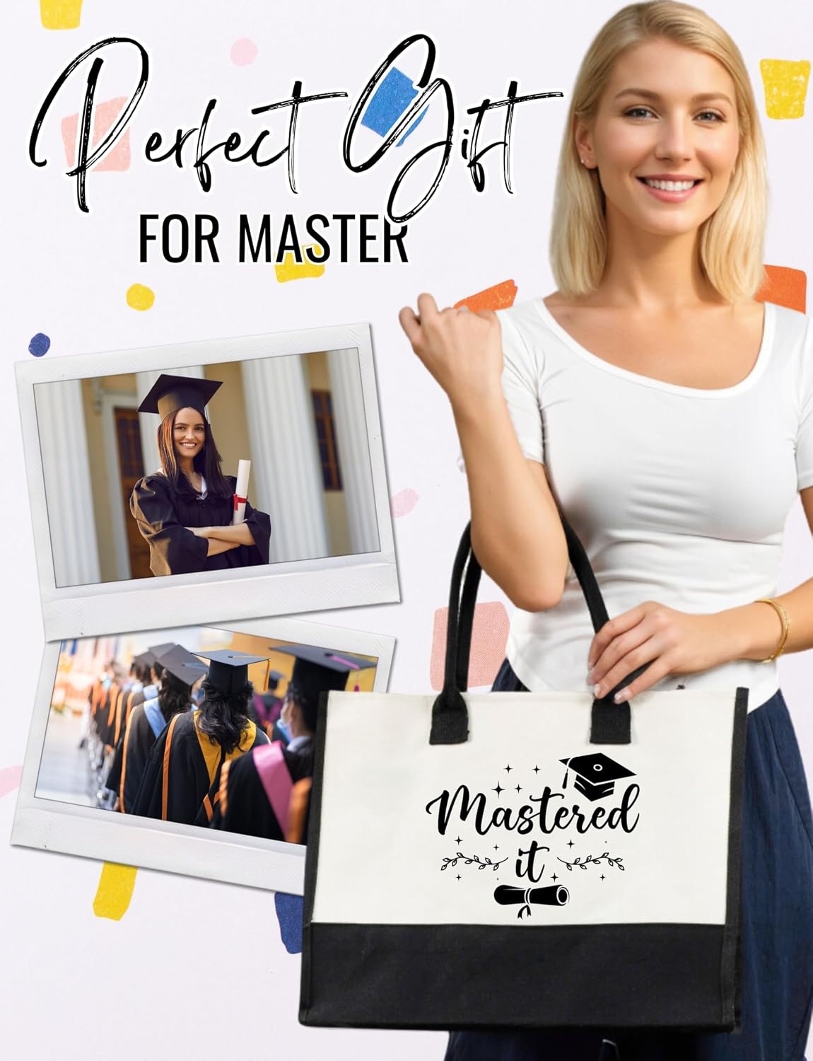 InnoBeta Masters Degree Graduation Gifts for Her Canvas Tote Bag with Top Zipper Closure and Shoulder Strap for Graduation - Master It