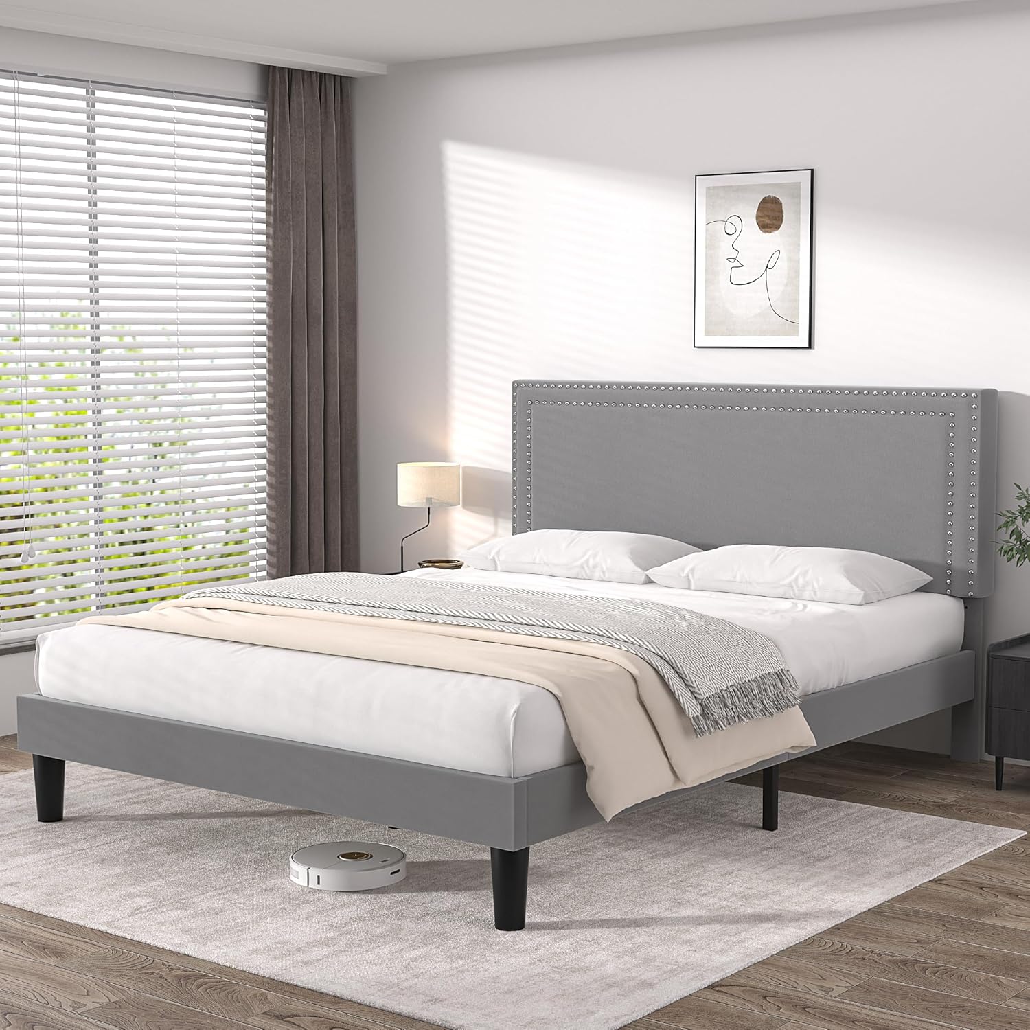 VECELO Queen Size Platform Bed Frame with Adjustable Upholstered Headboard, Modern Mattress Foundation,Strong Wood Slat Support, No Box Spring Needed, Easy Assembly Light Gray Queen Platform Bed