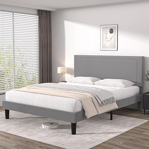 VECELO Queen Size Platform Bed Frame with Adjustable Upholstered Headboard, Modern Mattress Foundation,Strong Wood Slat Support, No Box Spring Needed, Easy Assembly