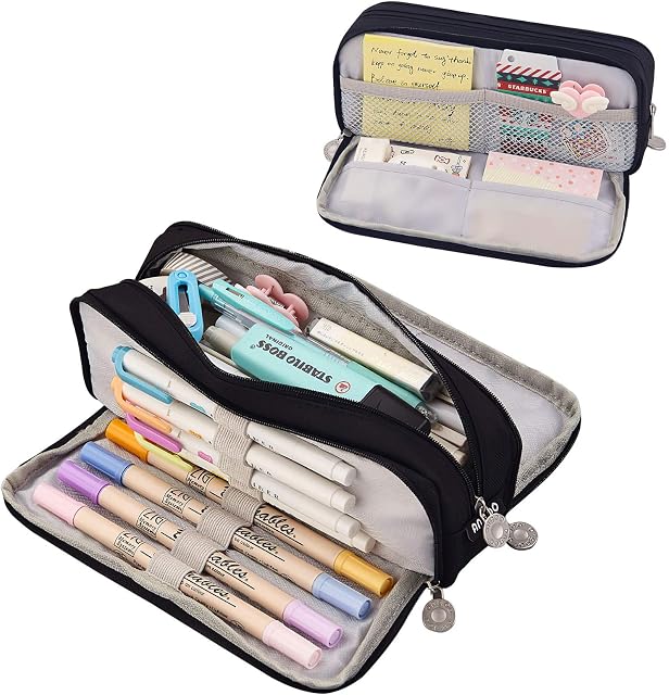 Coolzon Large Pencil Case for Girls Boys, Big Capacity Pencil Cases With 3 Compartments Pen Bag Pouch Holder School Stationery Organizer Makeup Cosmetic Bag for Kids Women Men Teenagers StudentsBlack