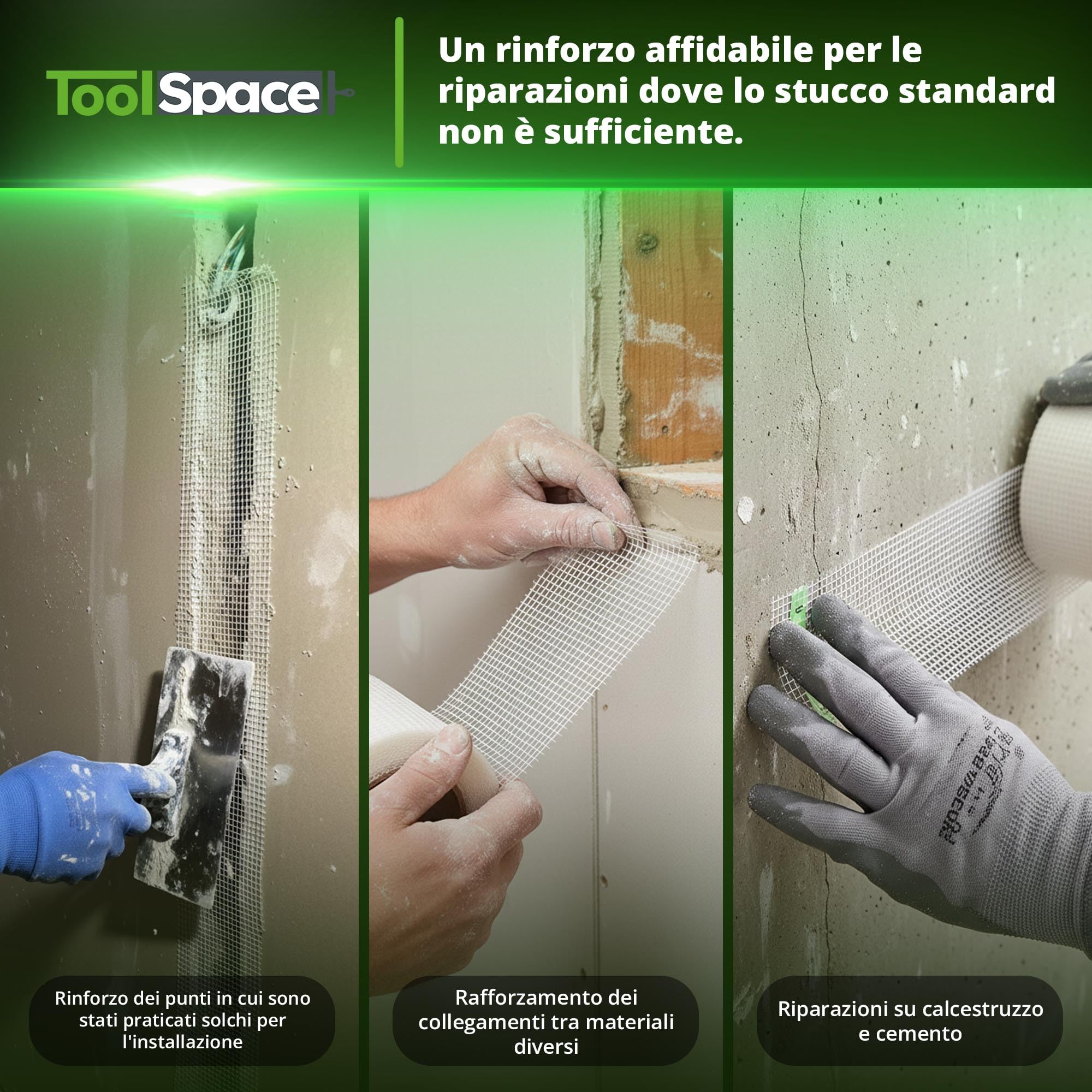 ToolSpace Nastro Fibra Vetro Cartongesso Autoadesivo 10 cm x 20 m Riparazione Crepe Muro Giunti Stuccatura Interni Rete Rinforzata Rasatura Intonaco Rinforzo Impermeabile Gesso Rasante Fessure Buchi