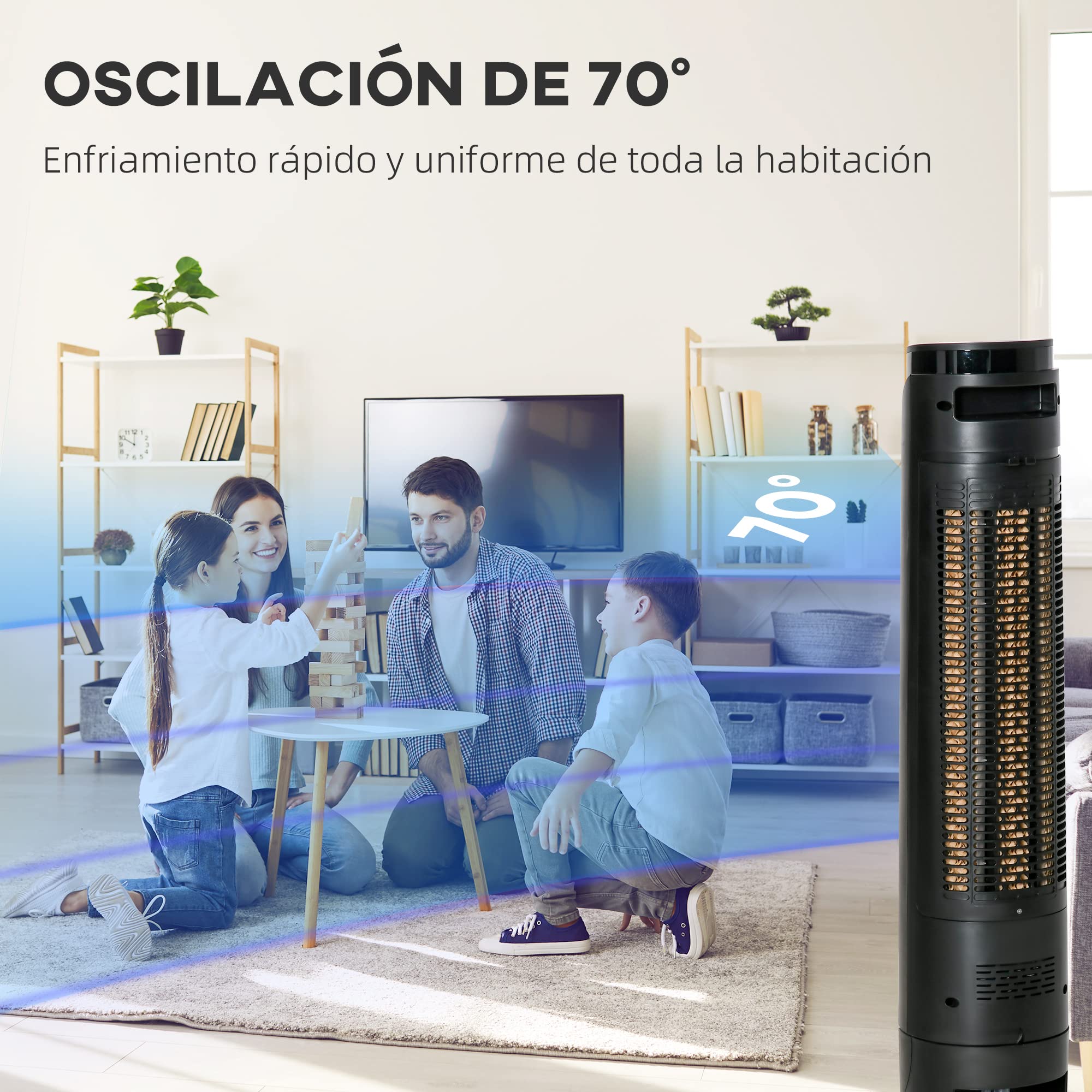 HOMCOM Climatizador Evaporativo 60W Silencioso con Mando a Distancia 3 Velocidades 4 Modos Oscilación 70° Pantalla LED Táctil y Temporizador 12h para Dormitorio Salón 31,5x31,5x107 cm Negro