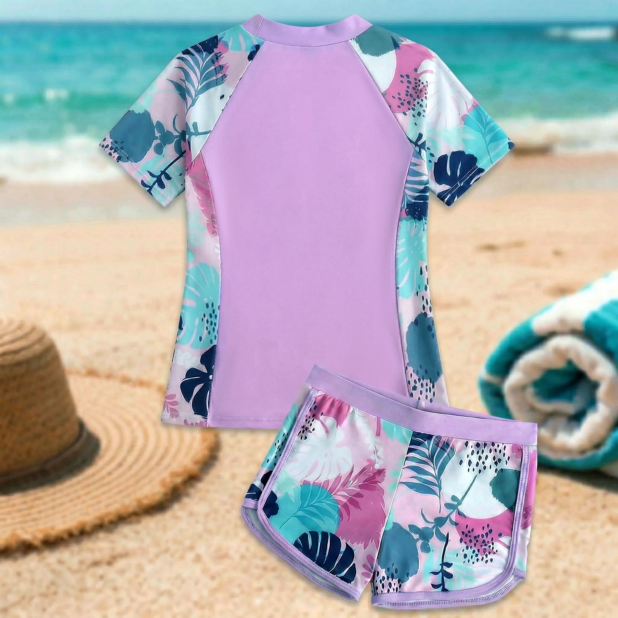 Niñas Traje de Baño 2 Piezas Manga Corta Protección Solar, Secado Rápido Estampado Top con Cremallera y Shorts, Elástico Rash Guard Playa Piscina Bañador Ropa para 5-14 Años