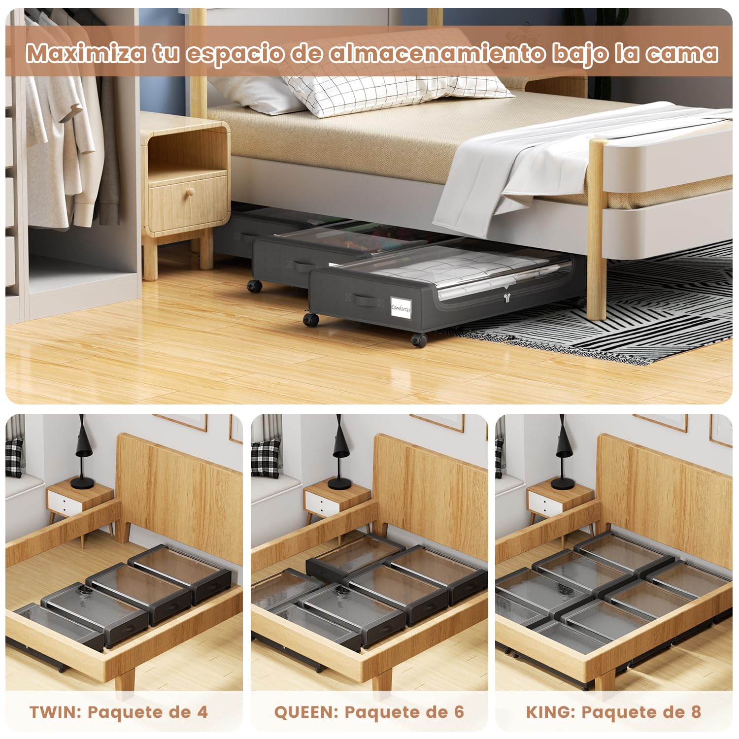 PHINOX Contenedores de almacenamiento debajo de la cama con ruedas, organizador de zapatos debajo de la cama con asas reforzadas con ventana transparente, cajón de almacenamiento grande debajo de la