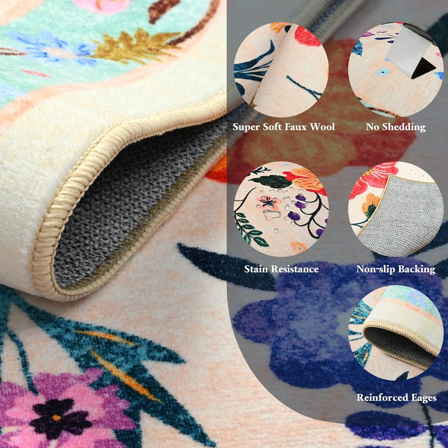 Terrug 2'6''x8' Beige Floral Area Rug for Hallways,Boho Machine Washable Runner Rugs with Non-Slip Blacking for Kitchen,Flower Carpet for Bedroom Entryway Laundry Floor Decor