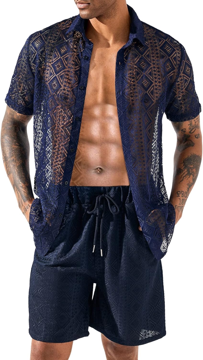 LecGee Men Summer Casual Short Sets Lace Short Sleeve Button Down Shirt Elastic Waist Shorts 2 Piece Outfits Tracksuit