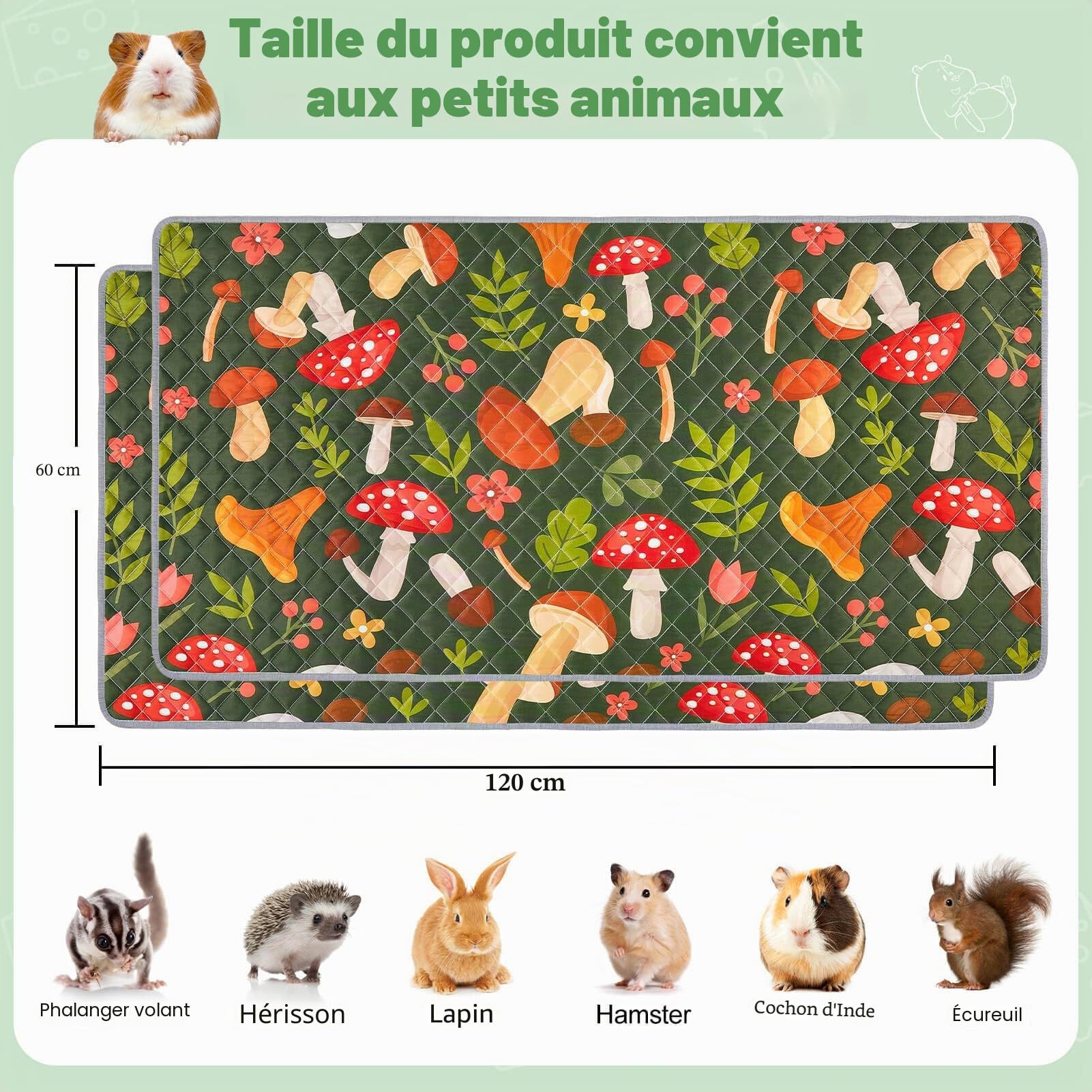 Lot De 2 Tapis Lavables Et Réutilisables pour Cage De Cochon D’Inde, Doublures Absorbantes pour Pipi, Tapis pour Petits Animaux, Lapins Et Hamsters