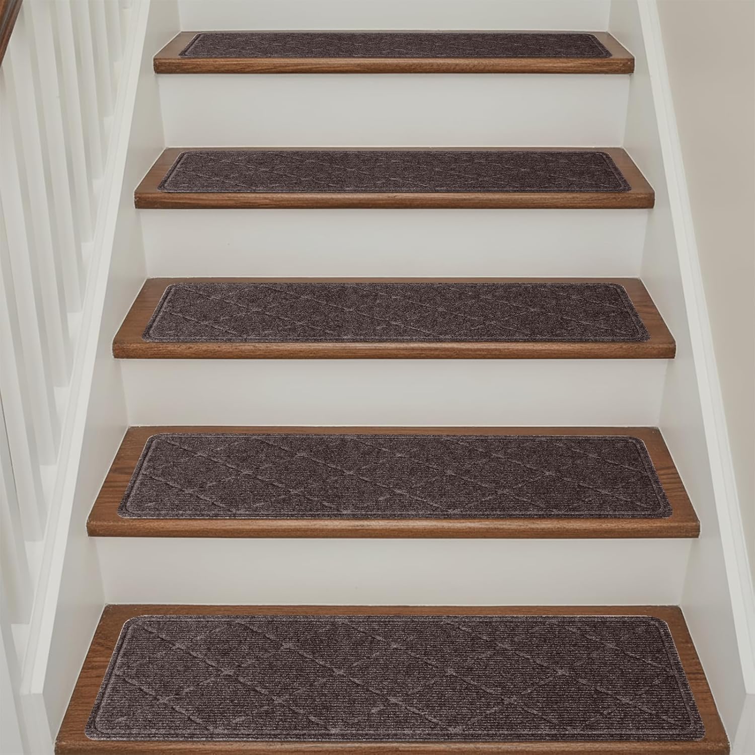 Stair Treads Non Slip for Wooden Steps Indoor, 15 Pack 9" X 28" Carpet Runners for Wood Stairs with Self-Adhesive Backing, Stickiness Stair Rugs for Kids Elders and Dogs, Diamond Brown