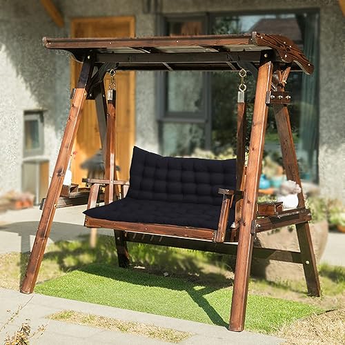 Miniatura 7 de Cojín de banco de 3 pulgadas de grosor con respaldo, cómodo, almohadilla de banco de 2 o 3 plazas con lazos, cojín de asiento para interiores y