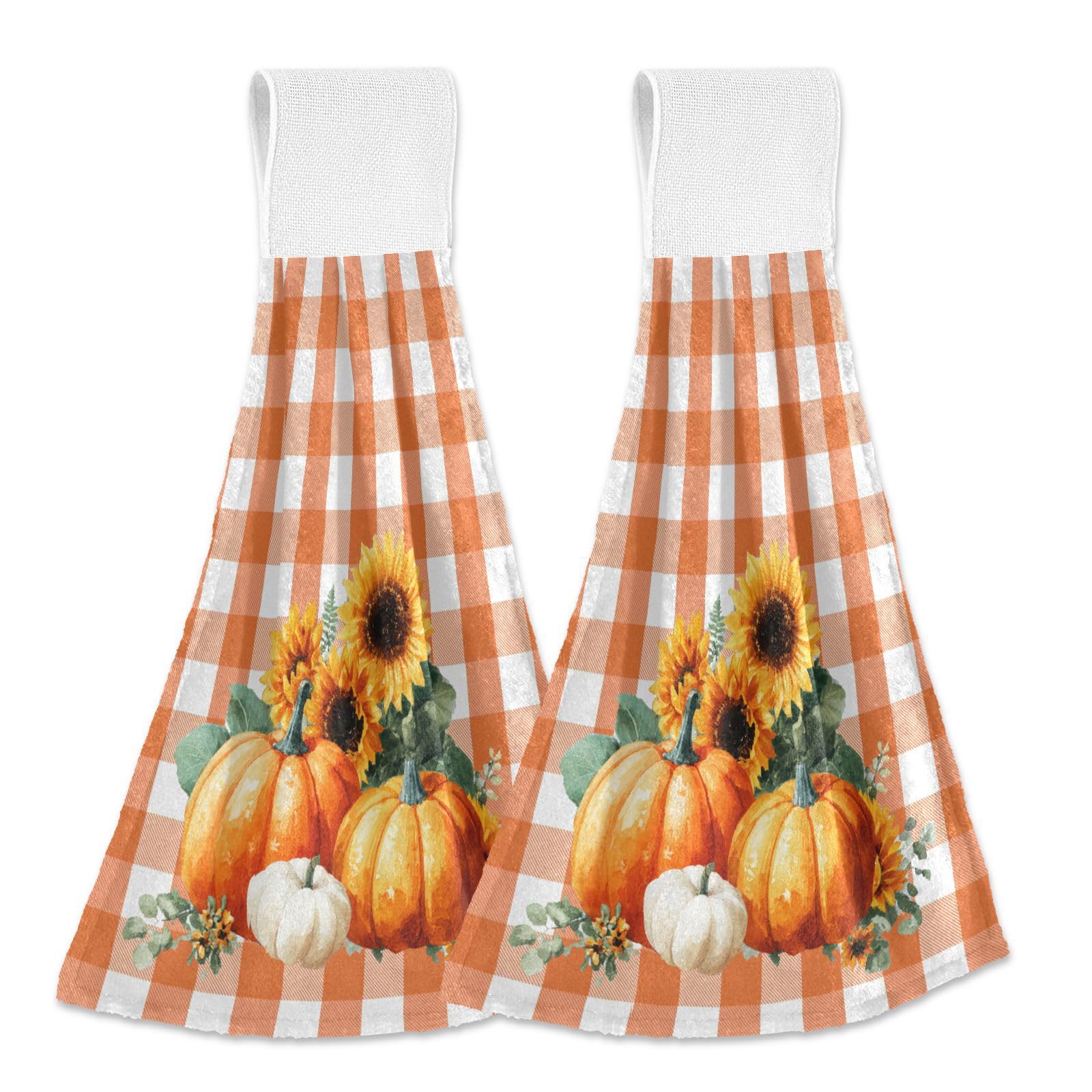 Boccsty Autumn Pumpkin Hanging Kitchen Towels 2 Pieces Harvest Sunflower Orange Buffalo Check Dish Cloth Tie Towels Hand Towel Tea Bar Towels for