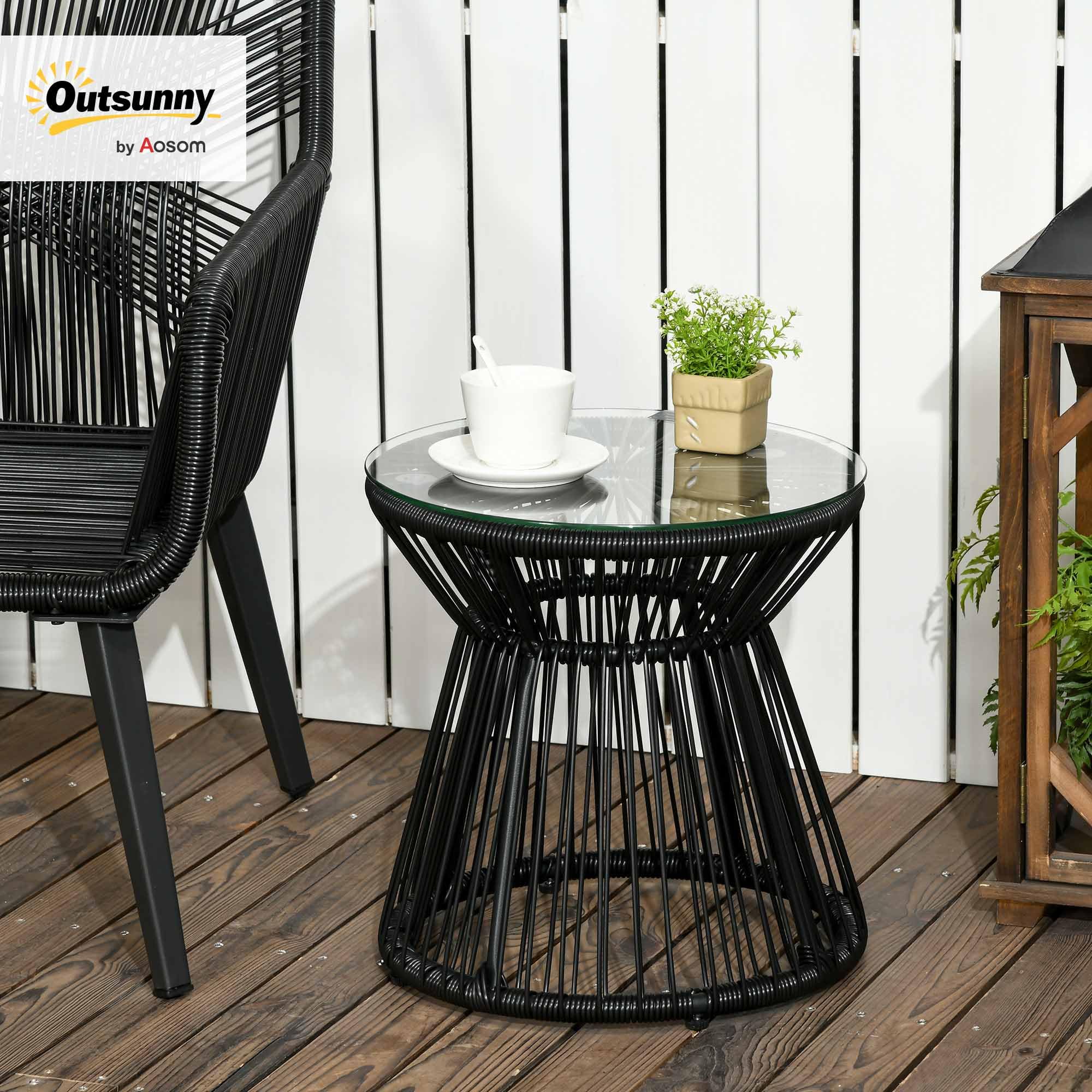 Outsunny Mesa Auxiliar de Ratán Sintético Redonda Ø40x42 cm Negro | Mesa de Centro Redonda, Marco de Metal, Carga 30 kg, para Patio Jardín Balcón
