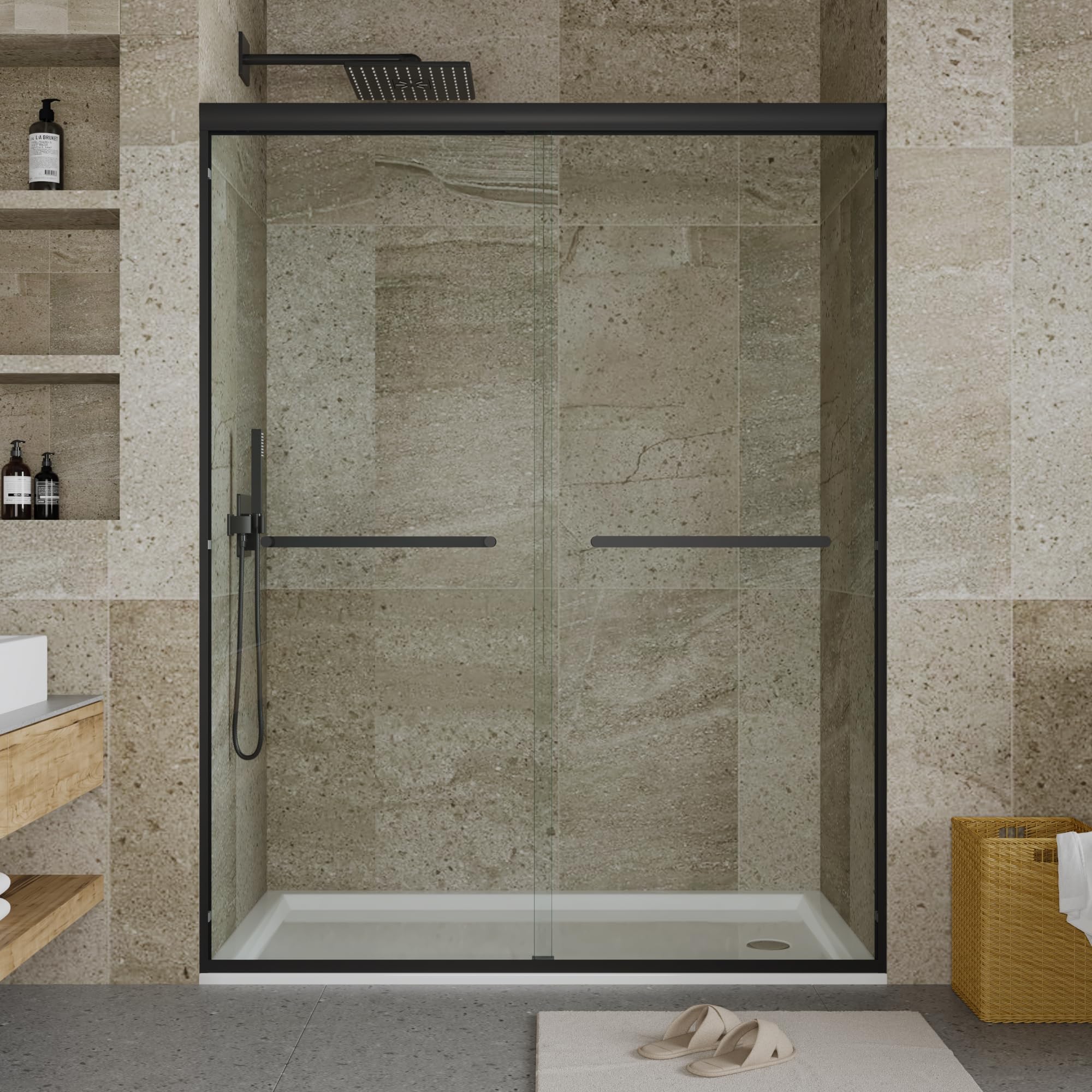 Double Sliding Shower Door, 44"-48" w x 72" h Semi-Frameless Bypass Bathroom Door with 5/16" Tempered Glass,Matte Black Finish for Walk-in Shower
