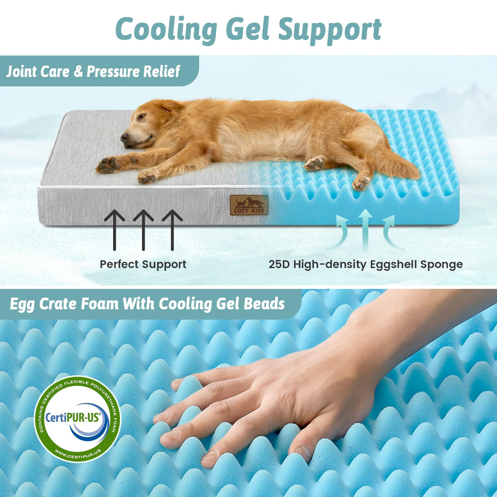 COZY KISS Cama Refrescante Perros Grandes L, Q-MAX>0.4 Cojín Ortopédico Transpirable Espuma Gel, Colchón Lavable Jaula, Funda Desmontable, Antideslizante, 91x69x7.5cm, Gris Plata