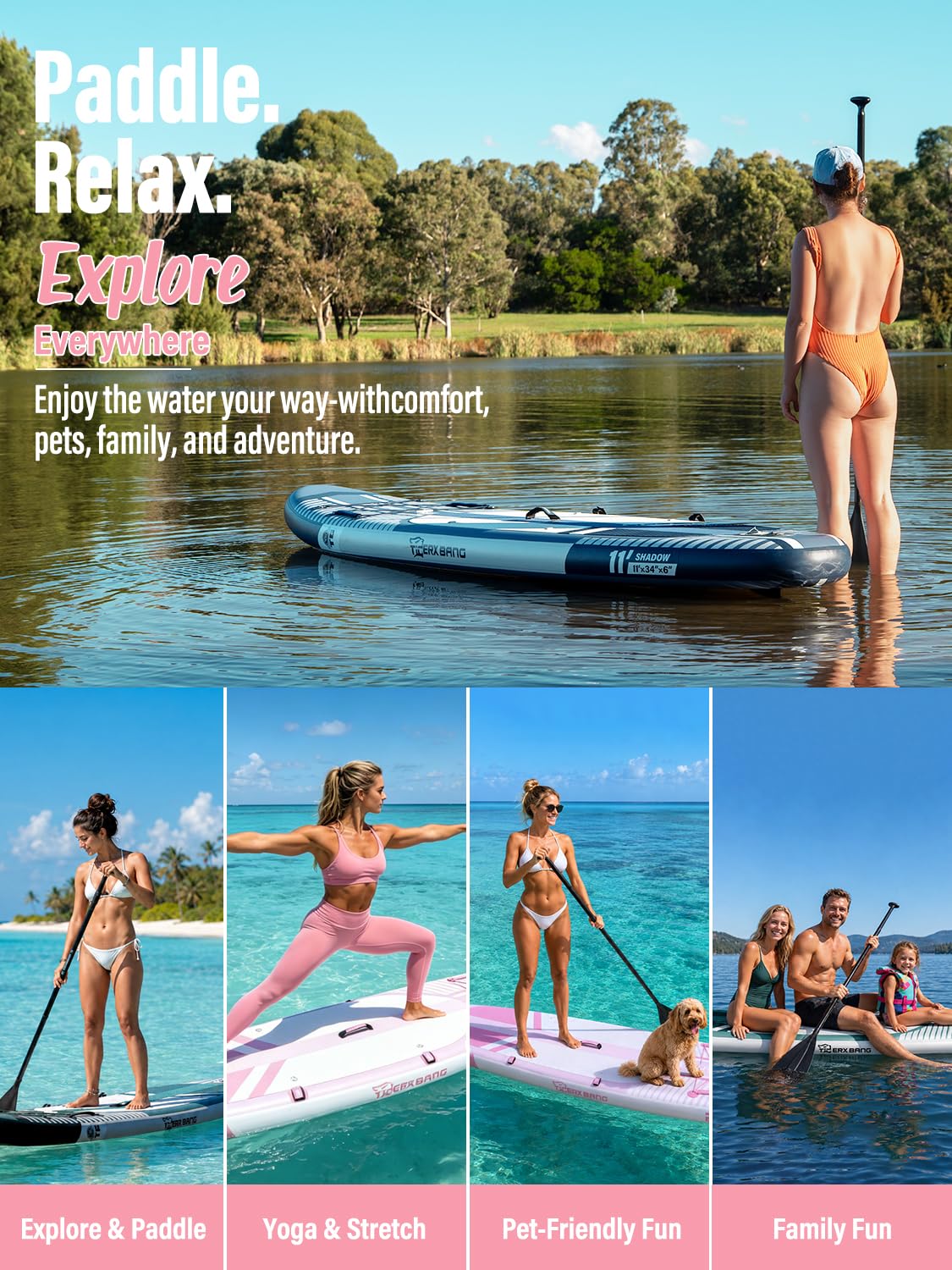 TIGERXBANG Aufblasbares Stand-Up-Paddle-Board mit Zubehör 335 × 86 × 15 cm, SUP Board für Erwachsene, Kollektion Shadow