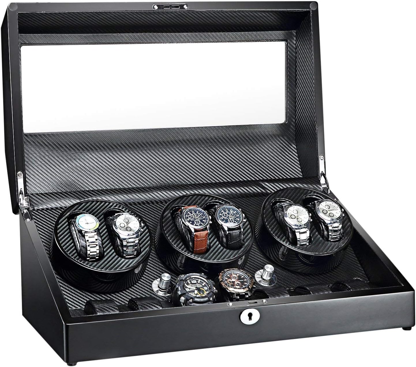 SAMWOO Automatic Watch Winder 6+7 Storage Boxes for 13 Watches with Quiet Mabuchi Motors Wood Shell Piano Paint Exterior Soft Flexible Watch Pillows