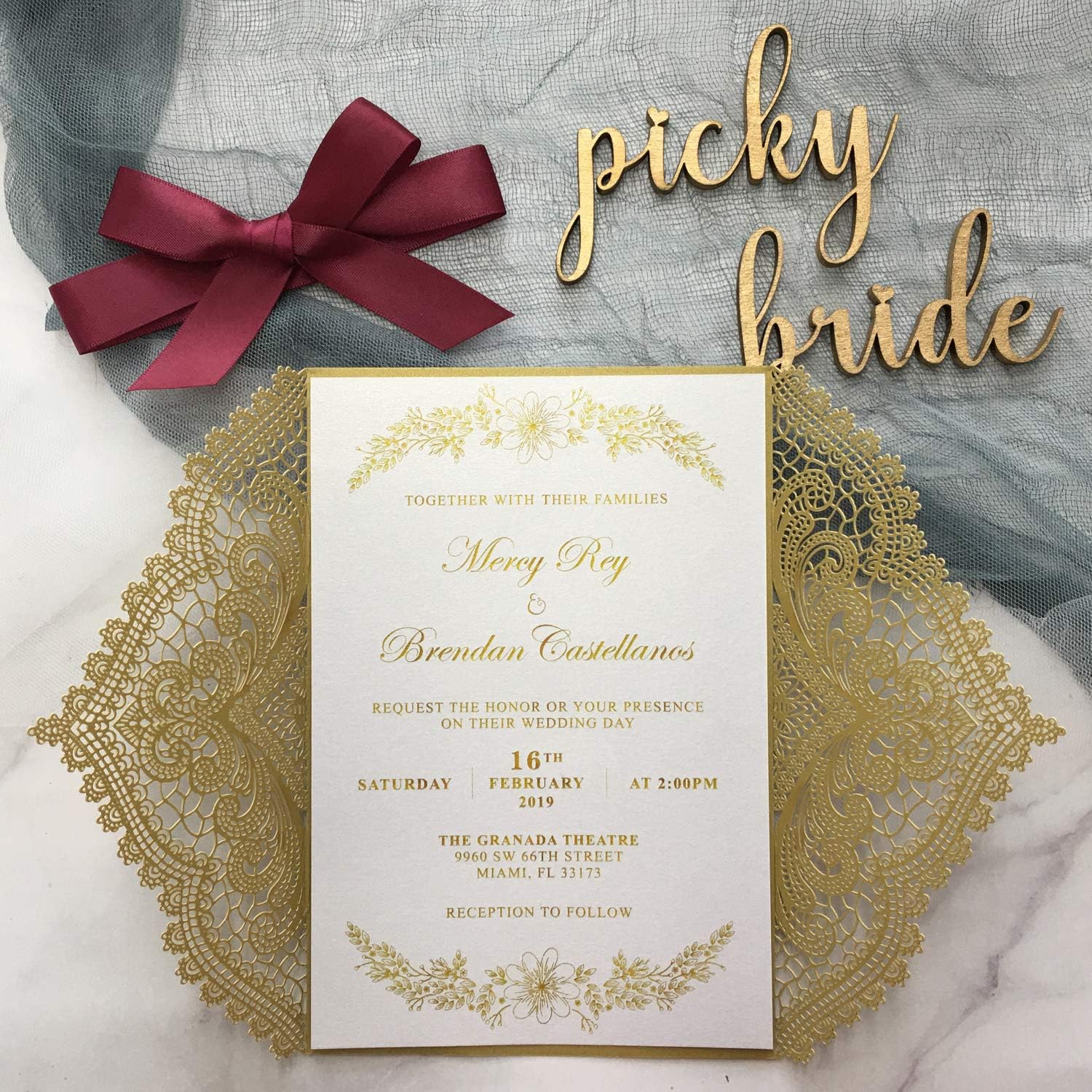 Golden Lace Wedding Invitations with Burgundy Ribbon Bow 5 x 7" Envelopes Included - Set of 50 pcs (Blank Invitations)