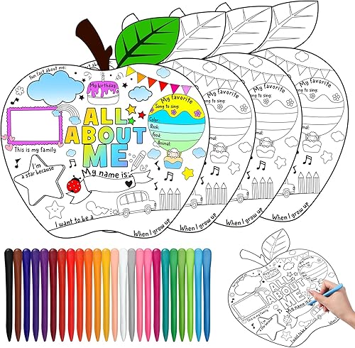 Qeeenar Póster de 40 piezas de All About Me con 24 crayones para estudiantes, póster para estudiantes de la semana, para leer todo sobre mí,
